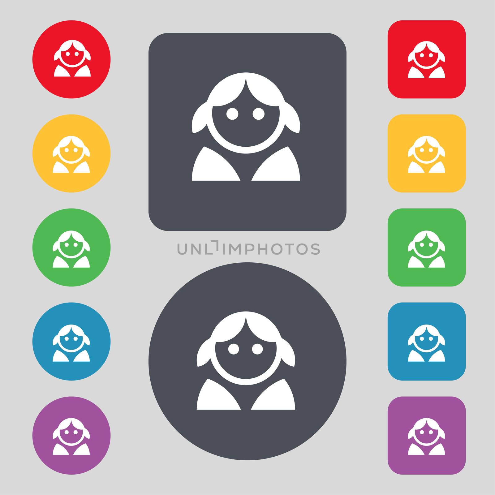 Female, Woman human, Women toilet, User, Login icon sign. A set of 12 colored buttons. Flat design. illustration