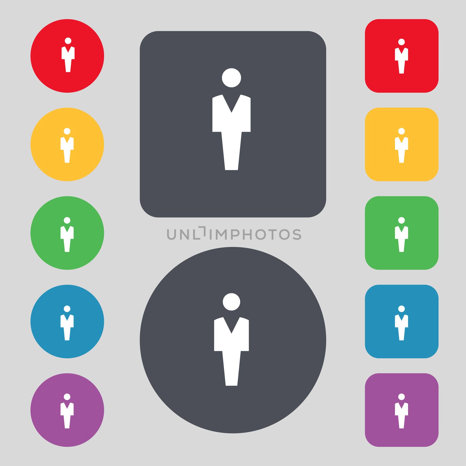 Human, Man Person, Male toilet icon sign. A set of 12 colored buttons. Flat design. illustration
