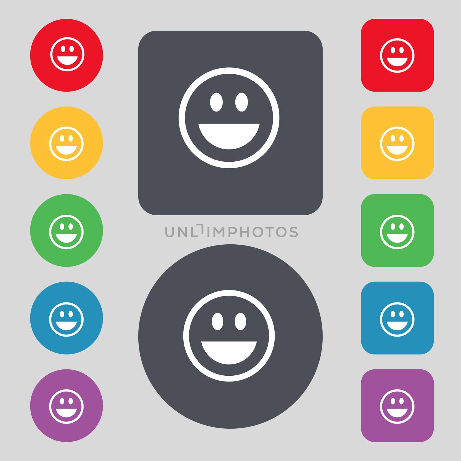funny Face icon sign. A set of 12 colored buttons. Flat design. illustration