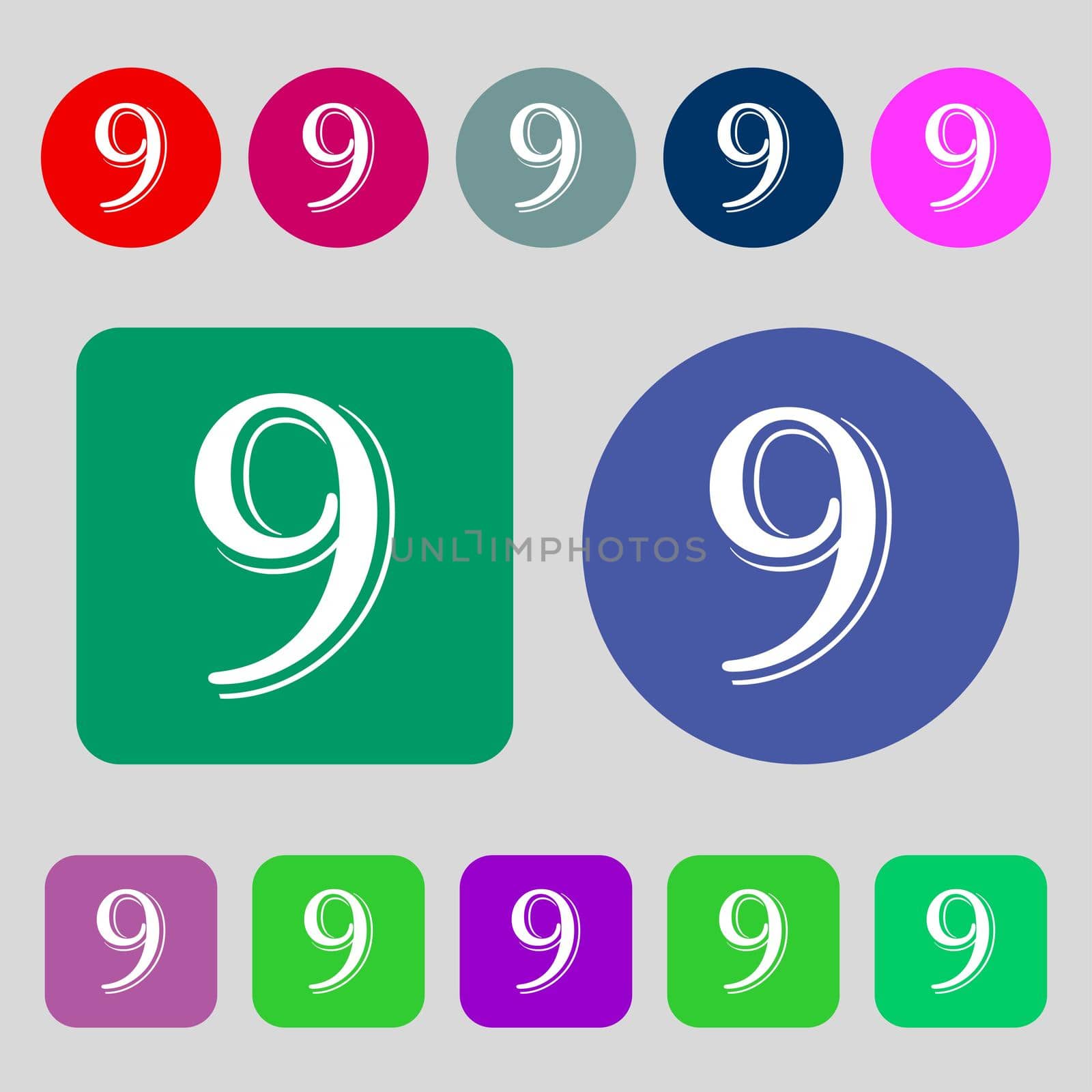 number Nine icon sign.12 colored buttons. Flat design. illustration