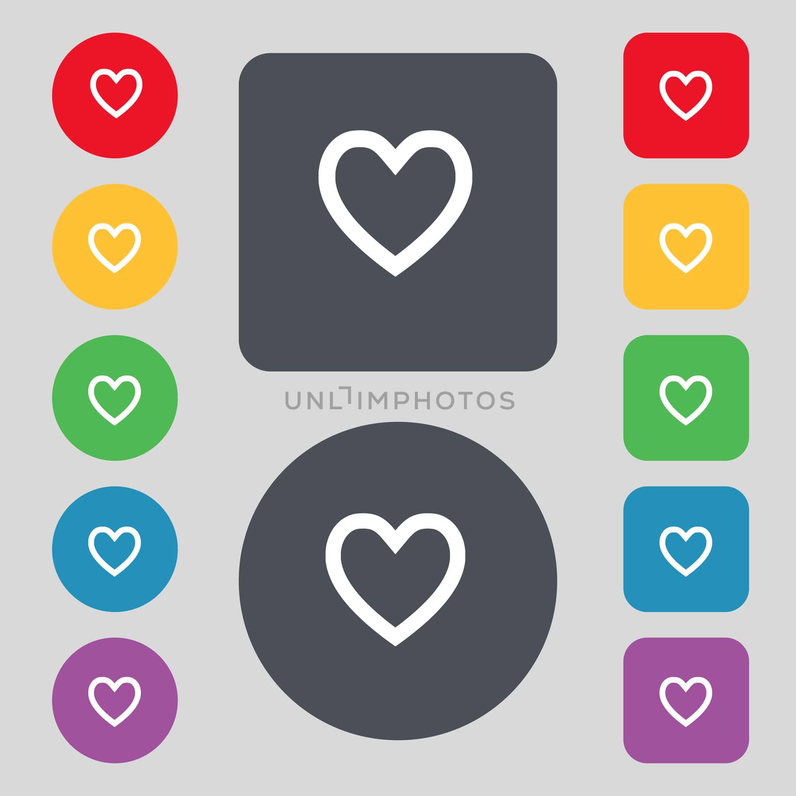 Medical heart, Love icon sign. A set of 12 colored buttons. Flat design. illustration