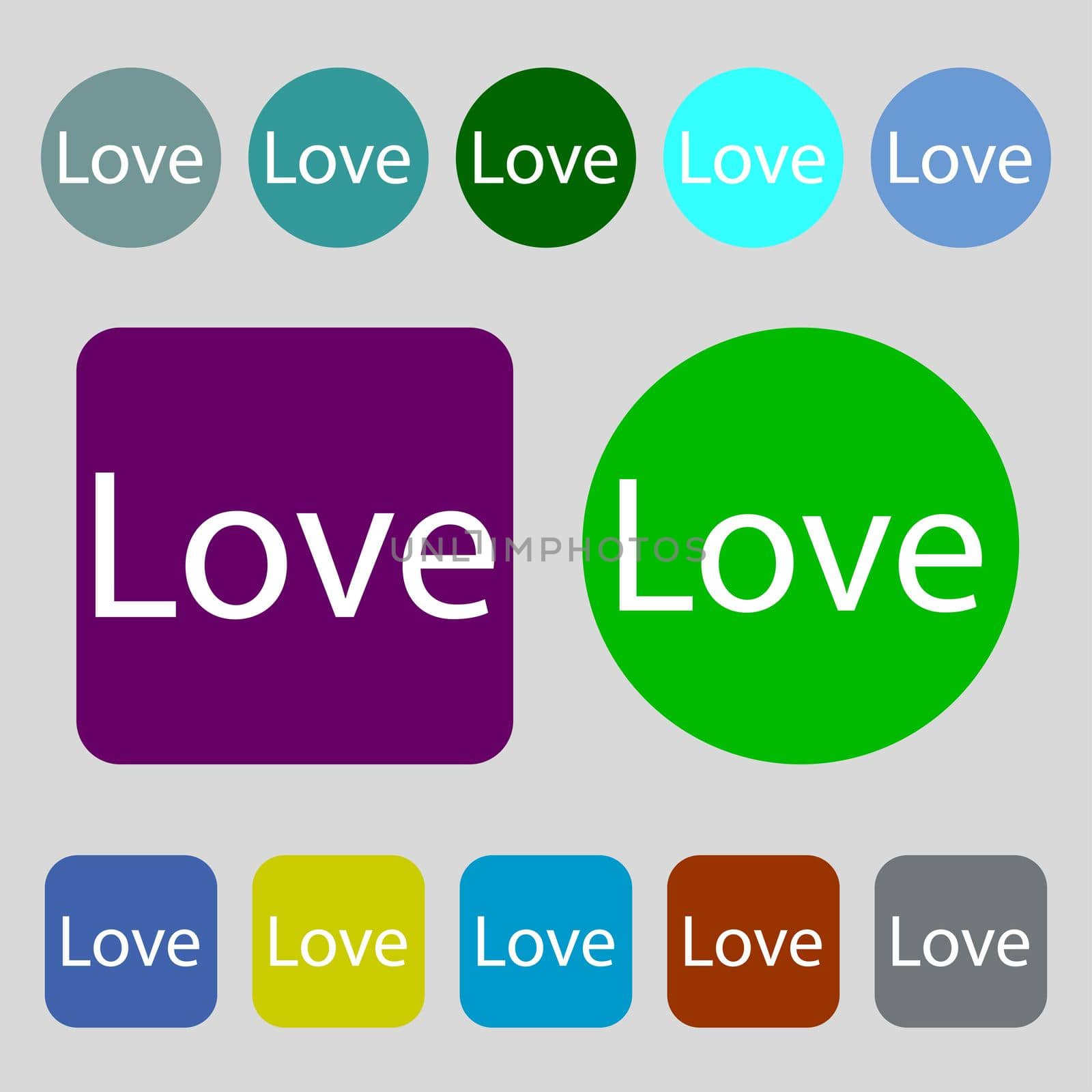 Love you sign icon. Valentines day symbol.12 colored buttons. Flat design. illustration