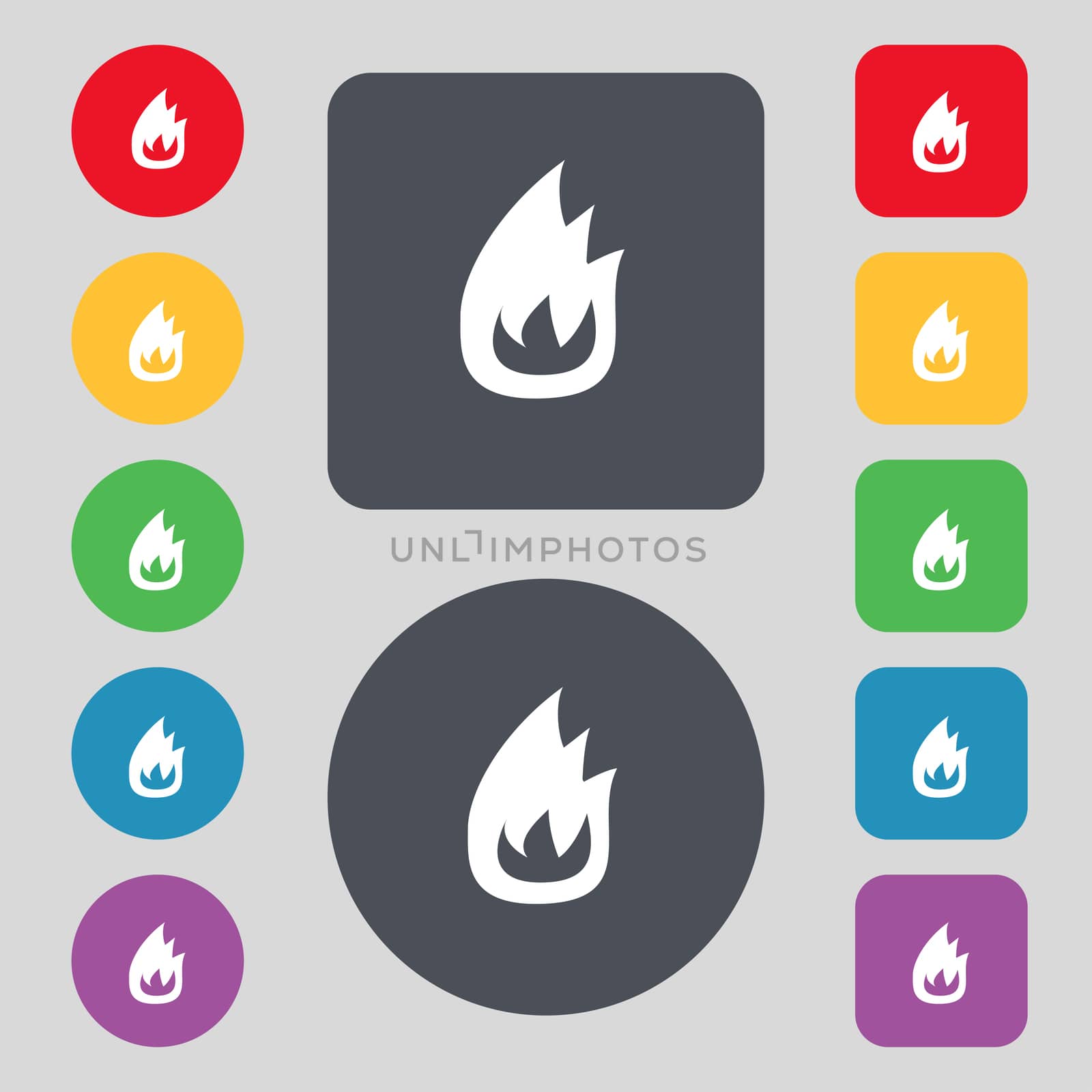 Fire flame icon sign. A set of 12 colored buttons. Flat design. illustration