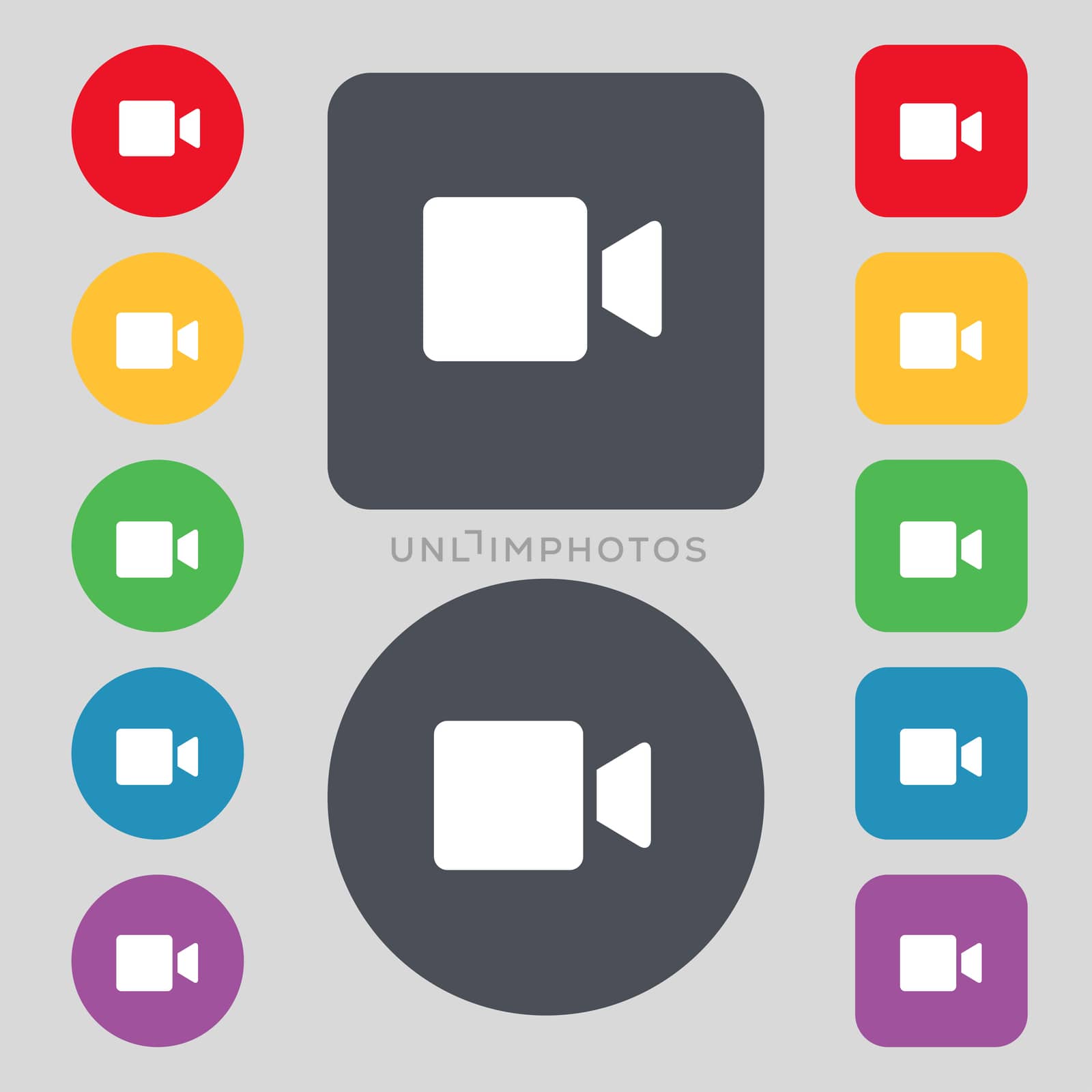 Video camera icon sign. A set of 12 colored buttons. Flat design. illustration