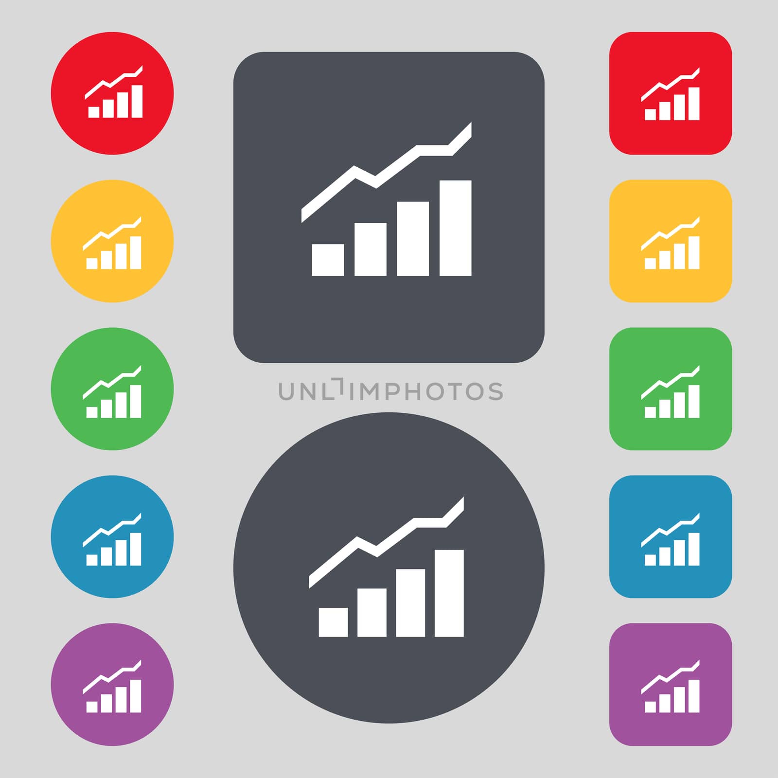 Growth and development concept. graph of Rate icon sign. A set of 12 colored buttons. Flat design. illustration