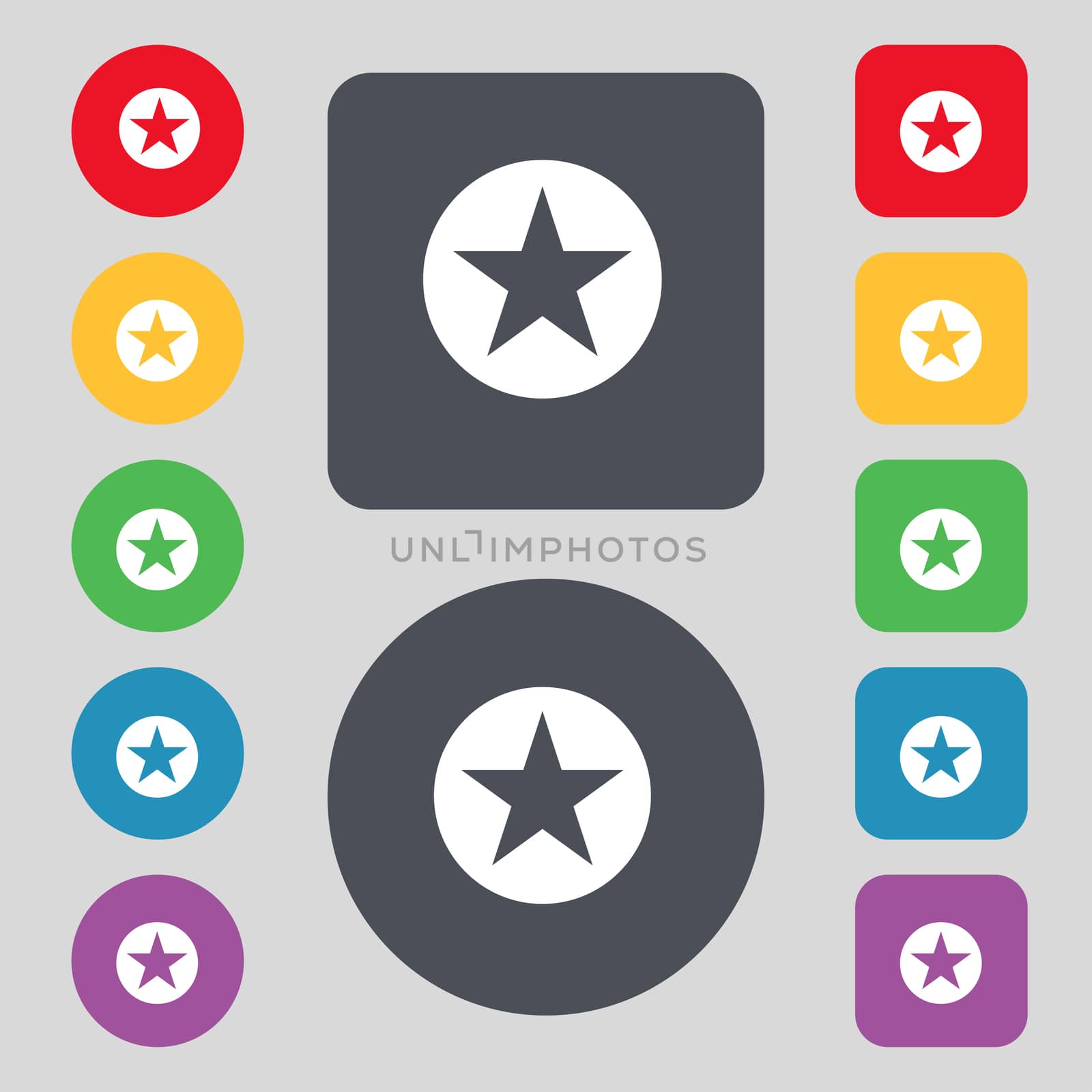 Star, Favorite icon sign. A set of 12 colored buttons. Flat design.  by serhii_lohvyniuk