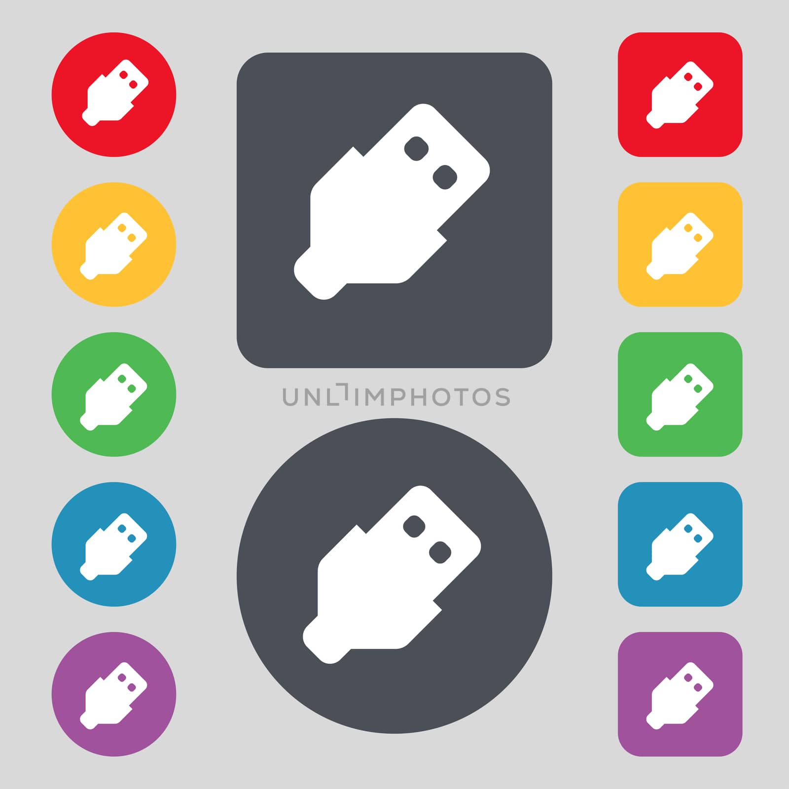 USB icon sign. A set of 12 colored buttons. Flat design. illustration