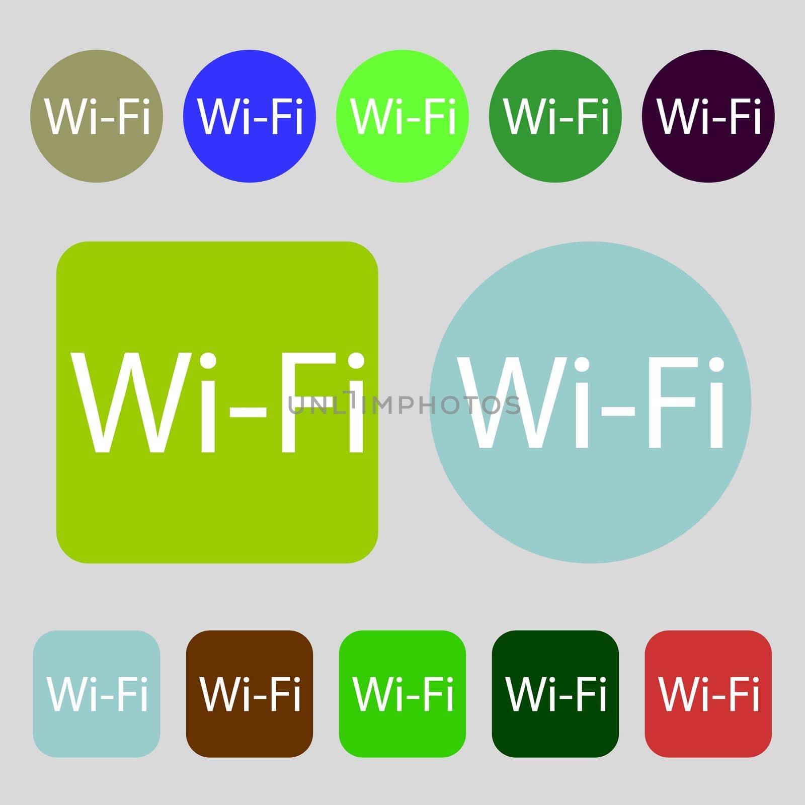 Free wifi sign. Wi-fi symbol. Wireless Network icon. 12 colored buttons. Flat design.  by serhii_lohvyniuk