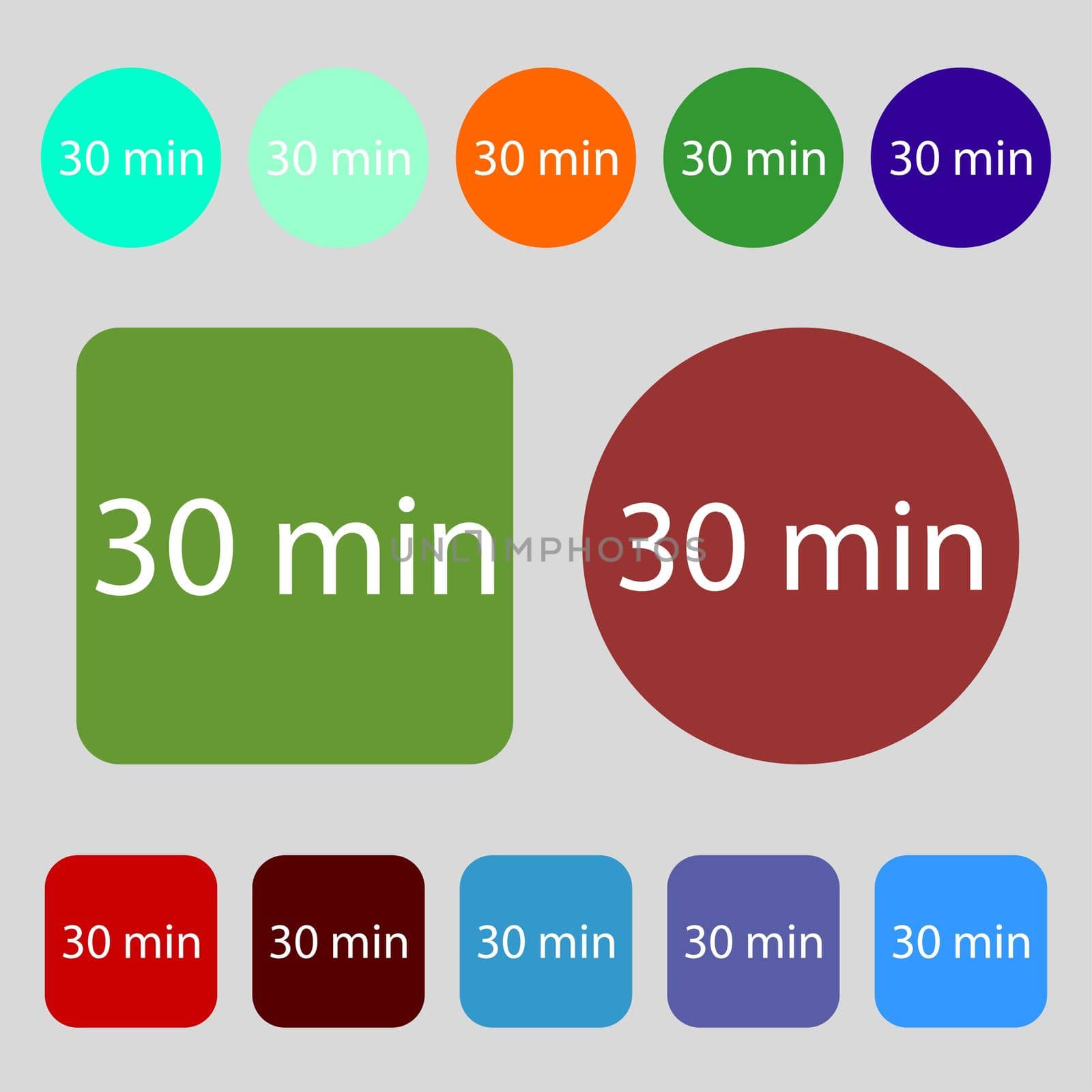 thirty minutes sign icon. 12 colored buttons. Flat design.  by serhii_lohvyniuk