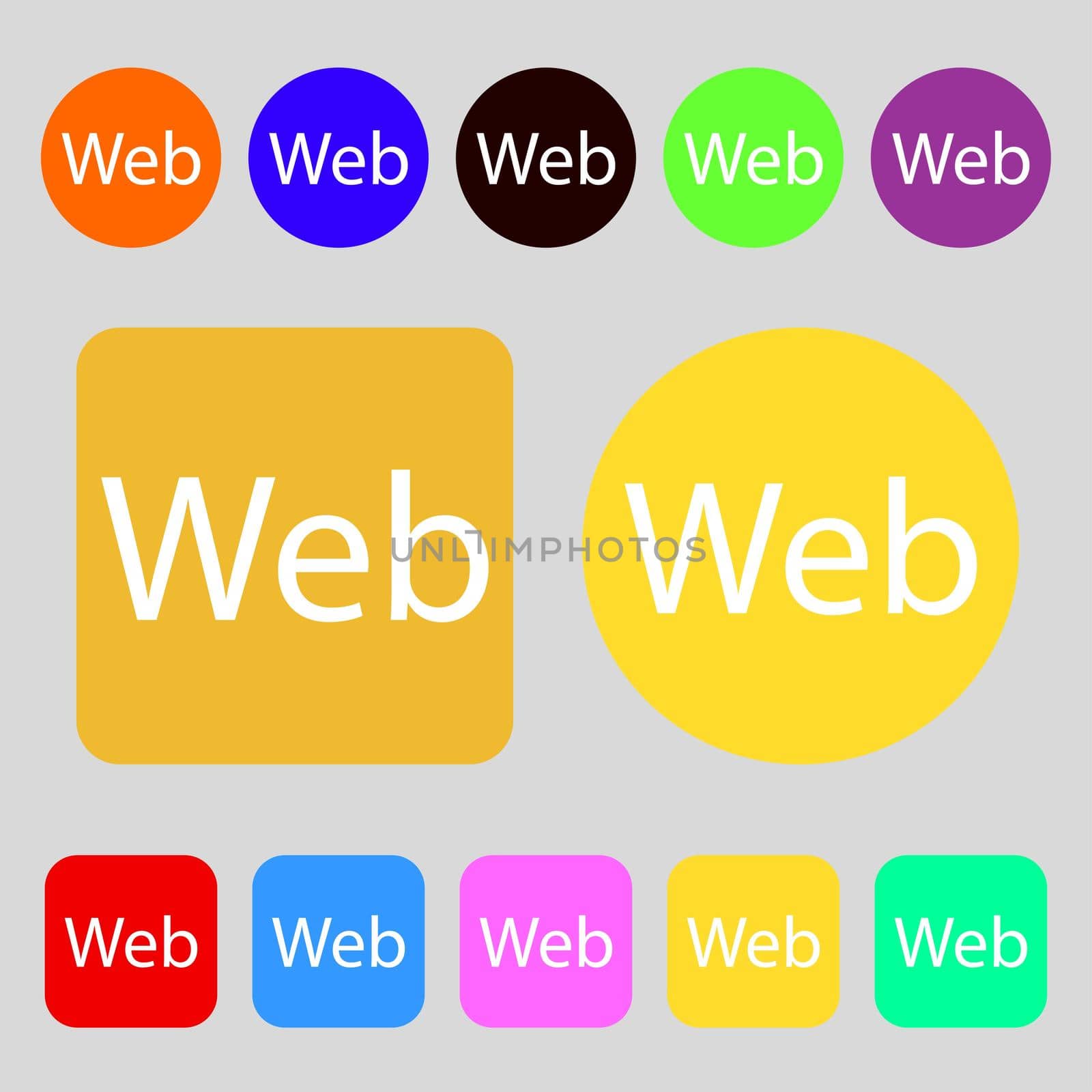 Web sign icon. World wide web symbol.12 colored buttons. Flat design. illustration