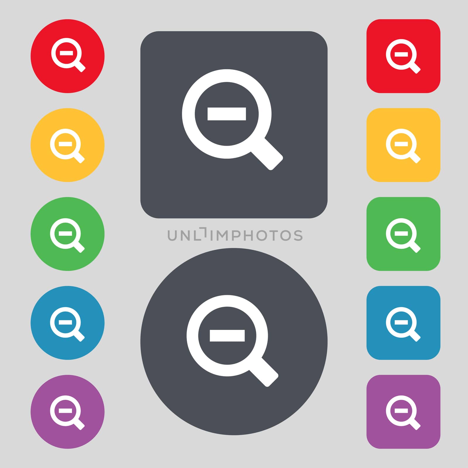 Magnifier glass, Zoom tool icon sign. A set of 12 colored buttons. Flat design. illustration