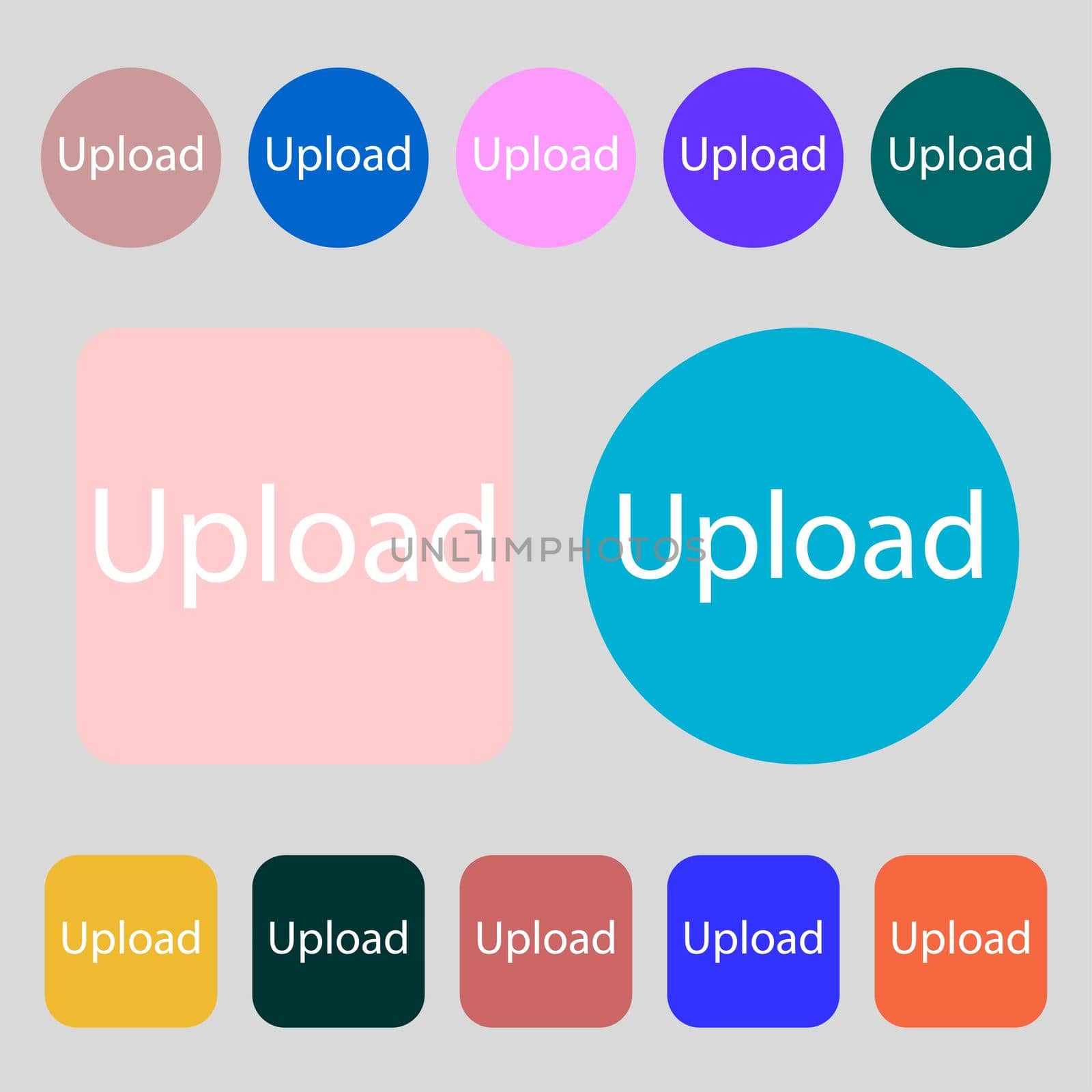 Upload sign icon. Load symbol.12 colored buttons. Flat design. illustration