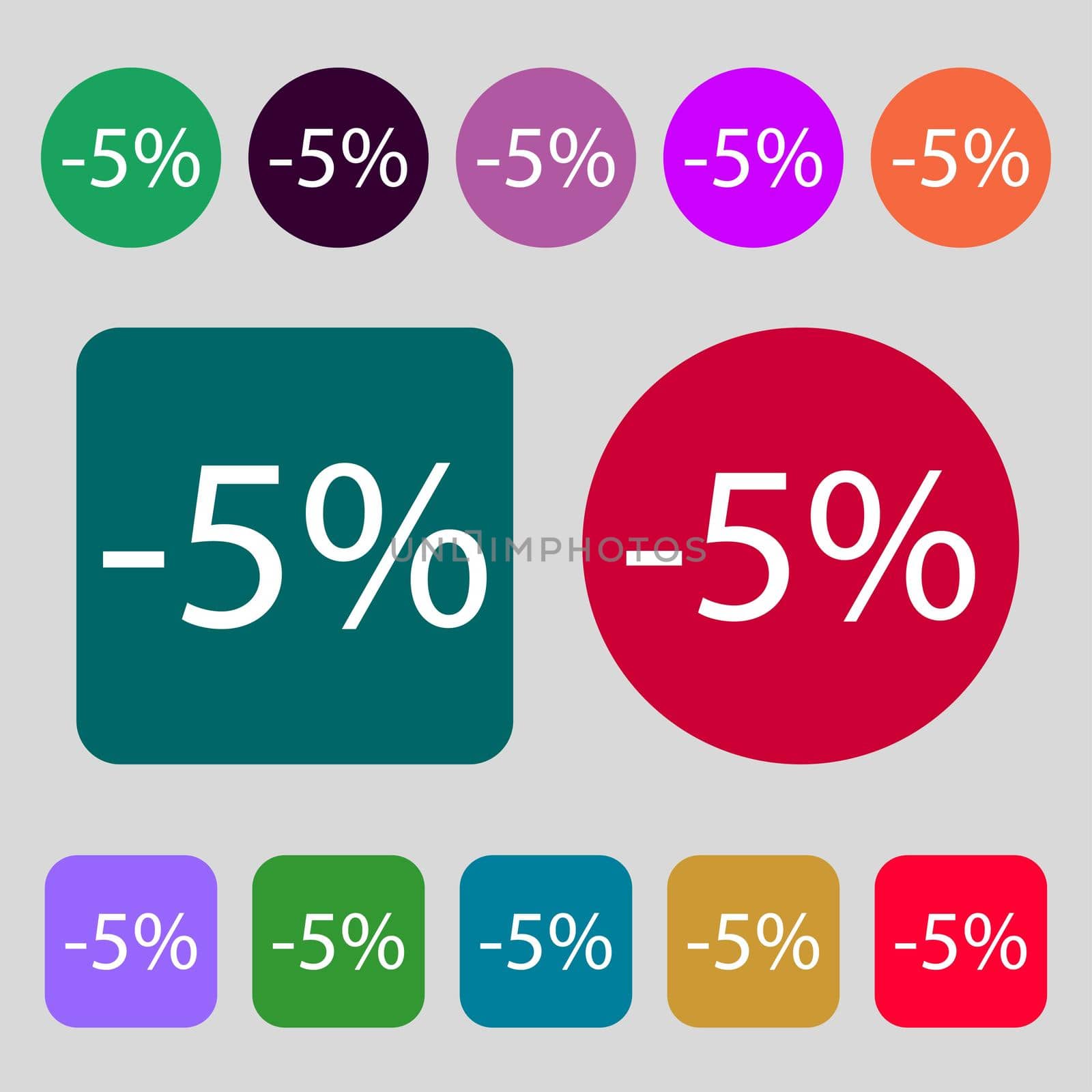 5 percent discount sign icon. Sale symbol. Special offer label. 12 colored buttons. Flat design.  by serhii_lohvyniuk