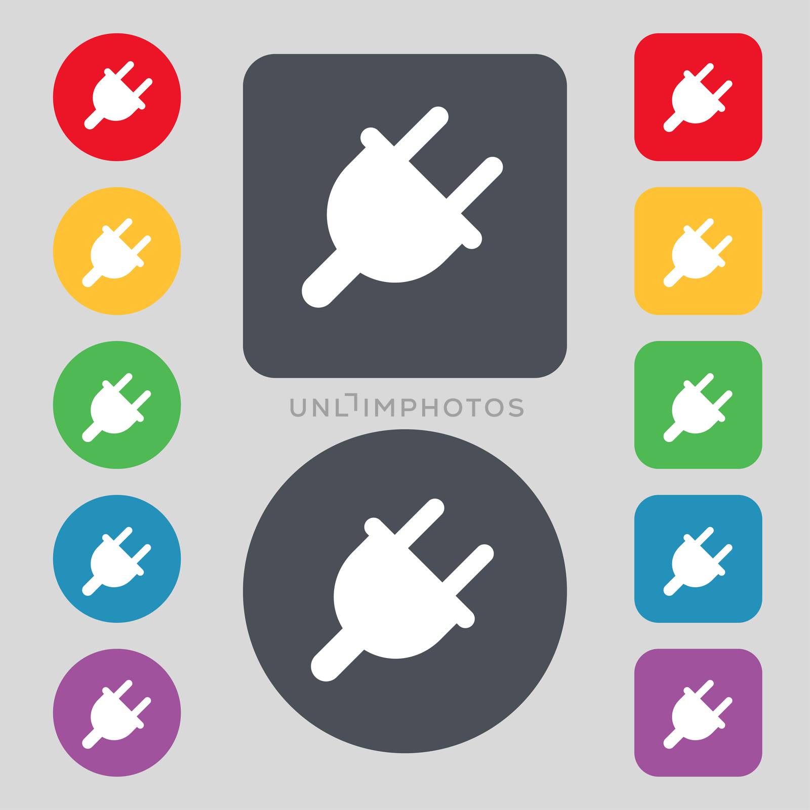 Electric plug, Power energy icon sign. A set of 12 colored buttons. Flat design. illustration