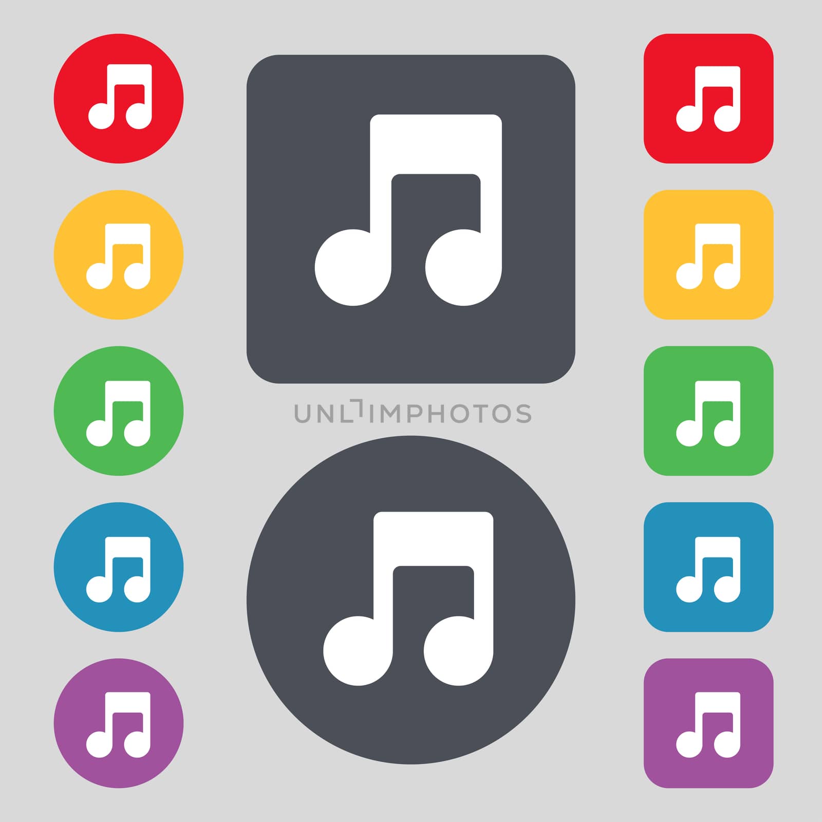 Music note icon sign. A set of 12 colored buttons. Flat design.  by serhii_lohvyniuk
