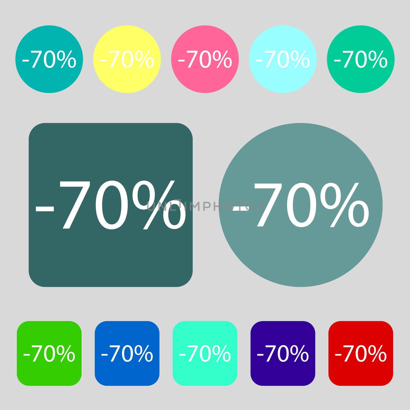 70 percent discount sign icon. Sale symbol. Special offer label. 12 colored buttons. Flat design.  by serhii_lohvyniuk