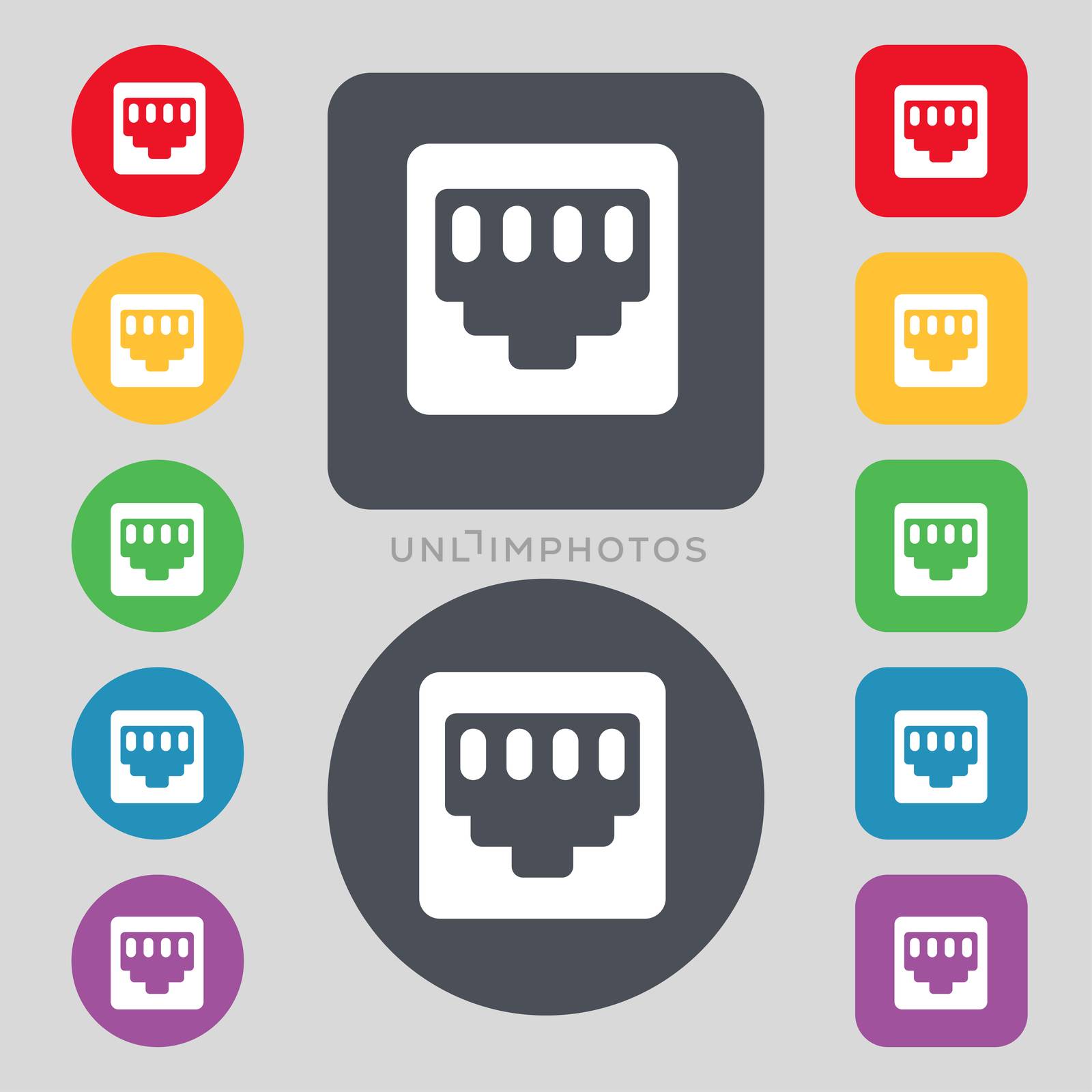 cable rj45, Patch Cord icon sign. A set of 12 colored buttons. Flat design.  by serhii_lohvyniuk