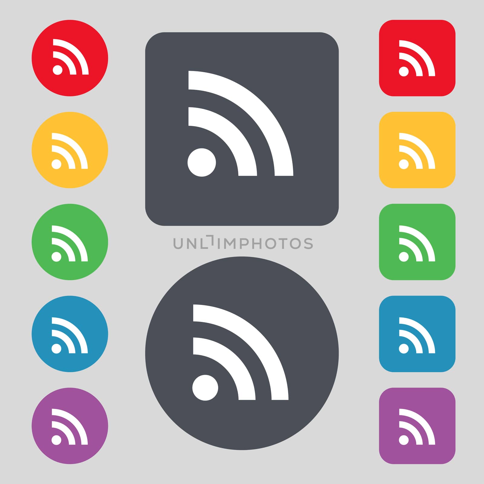 RSS feed icon sign. A set of 12 colored buttons. Flat design.  by serhii_lohvyniuk