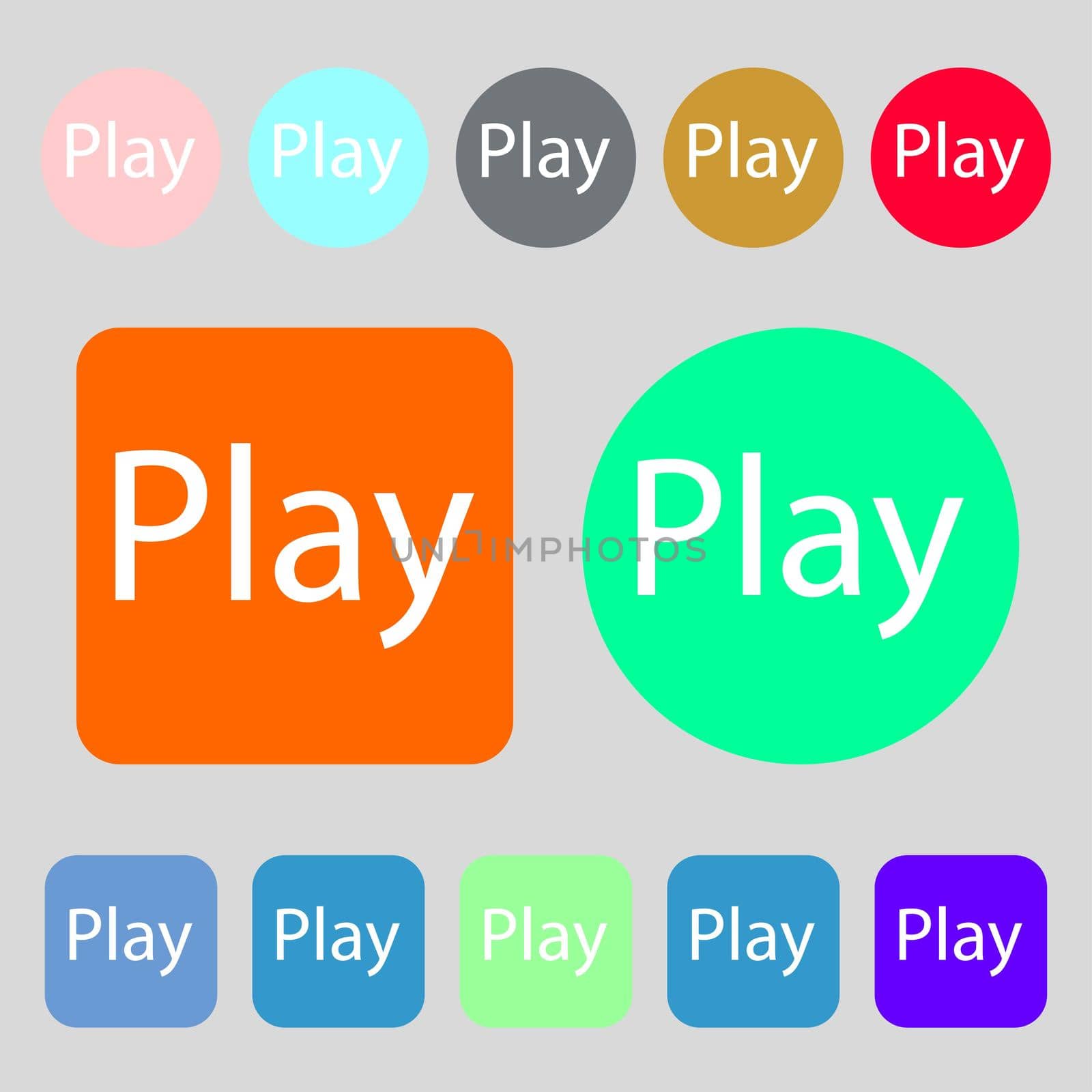 Play sign icon. symbol.12 colored buttons. Flat design. illustration