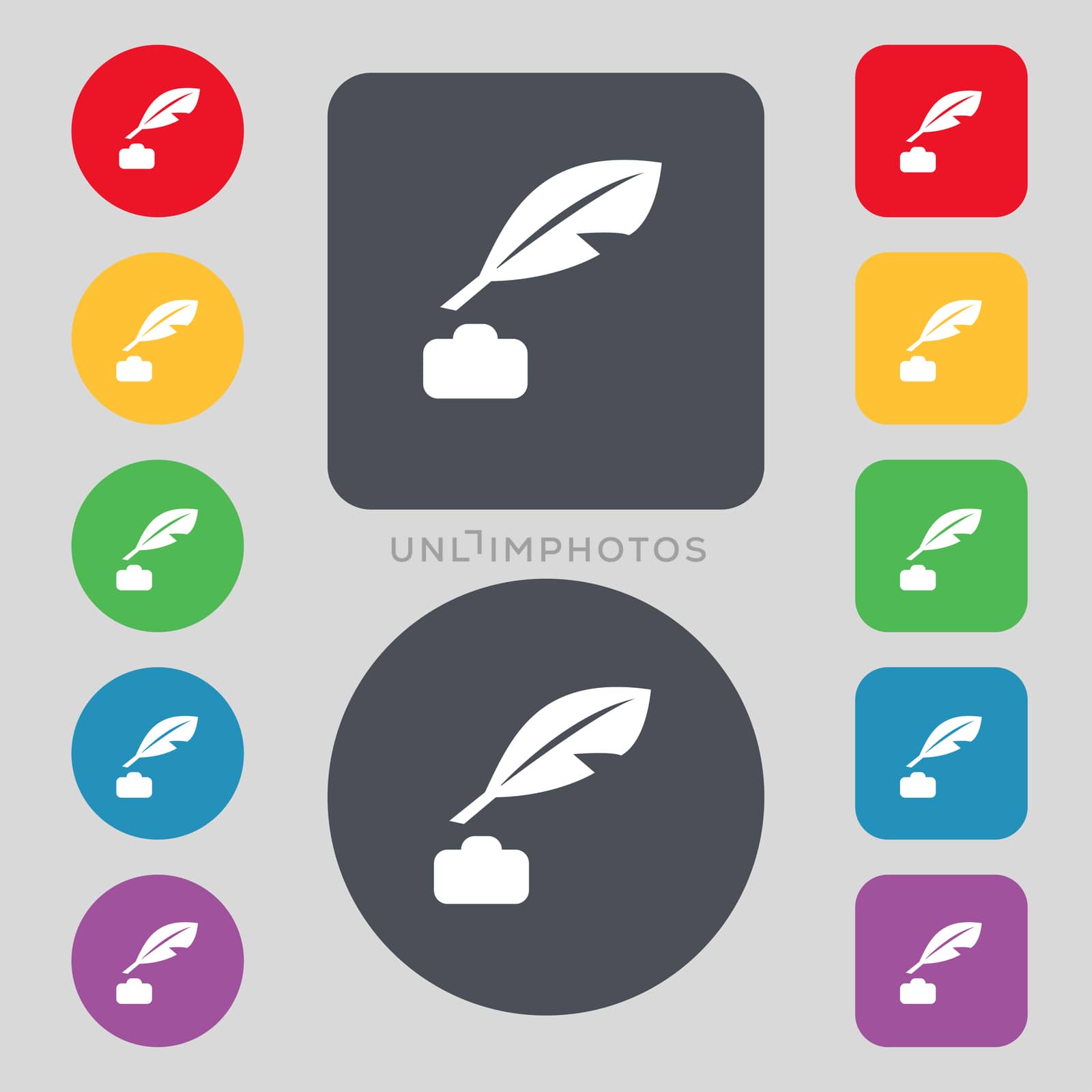 Feather, Retro pen icon sign. A set of 12 colored buttons. Flat design. illustration