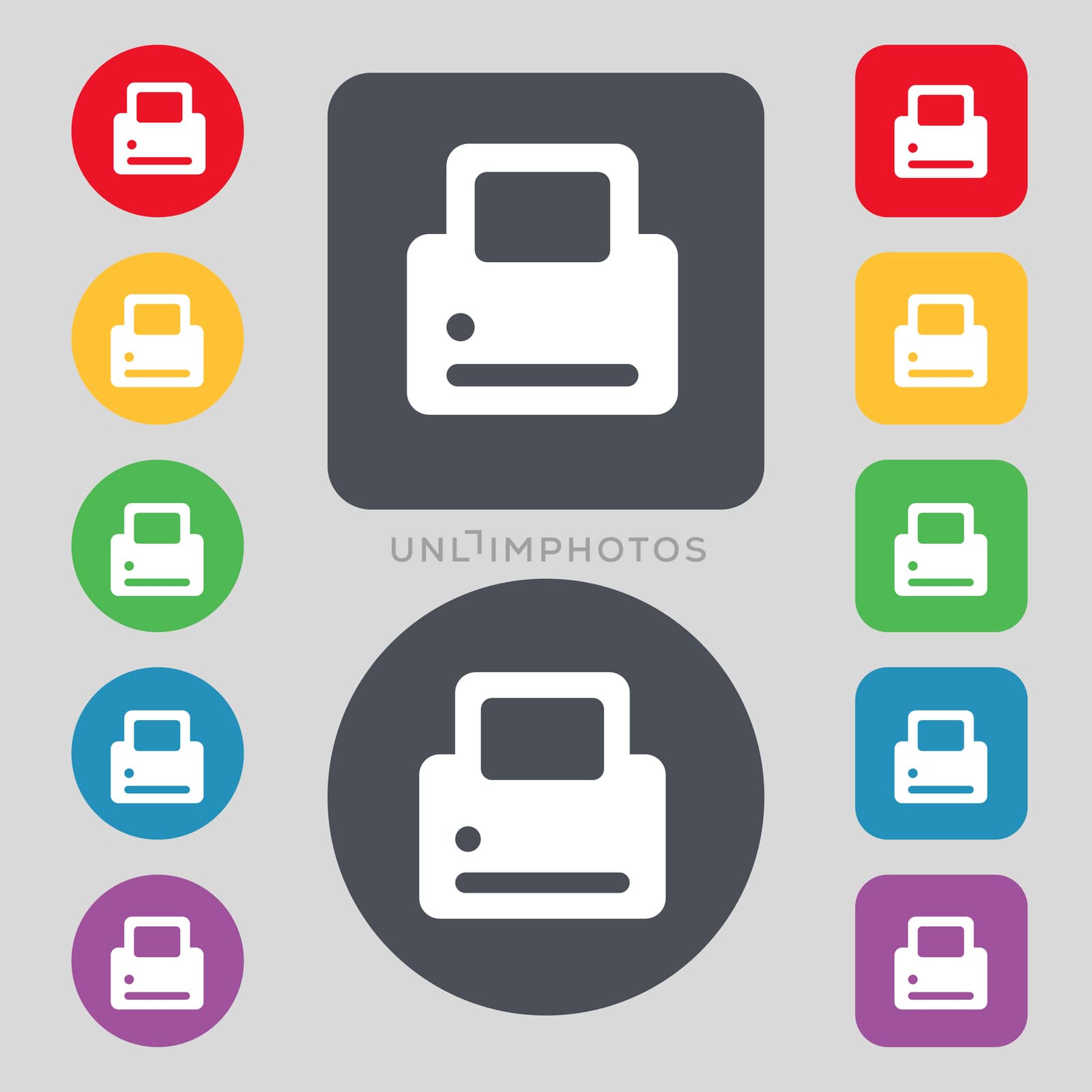 Printing icon sign. A set of 12 colored buttons. Flat design. illustration