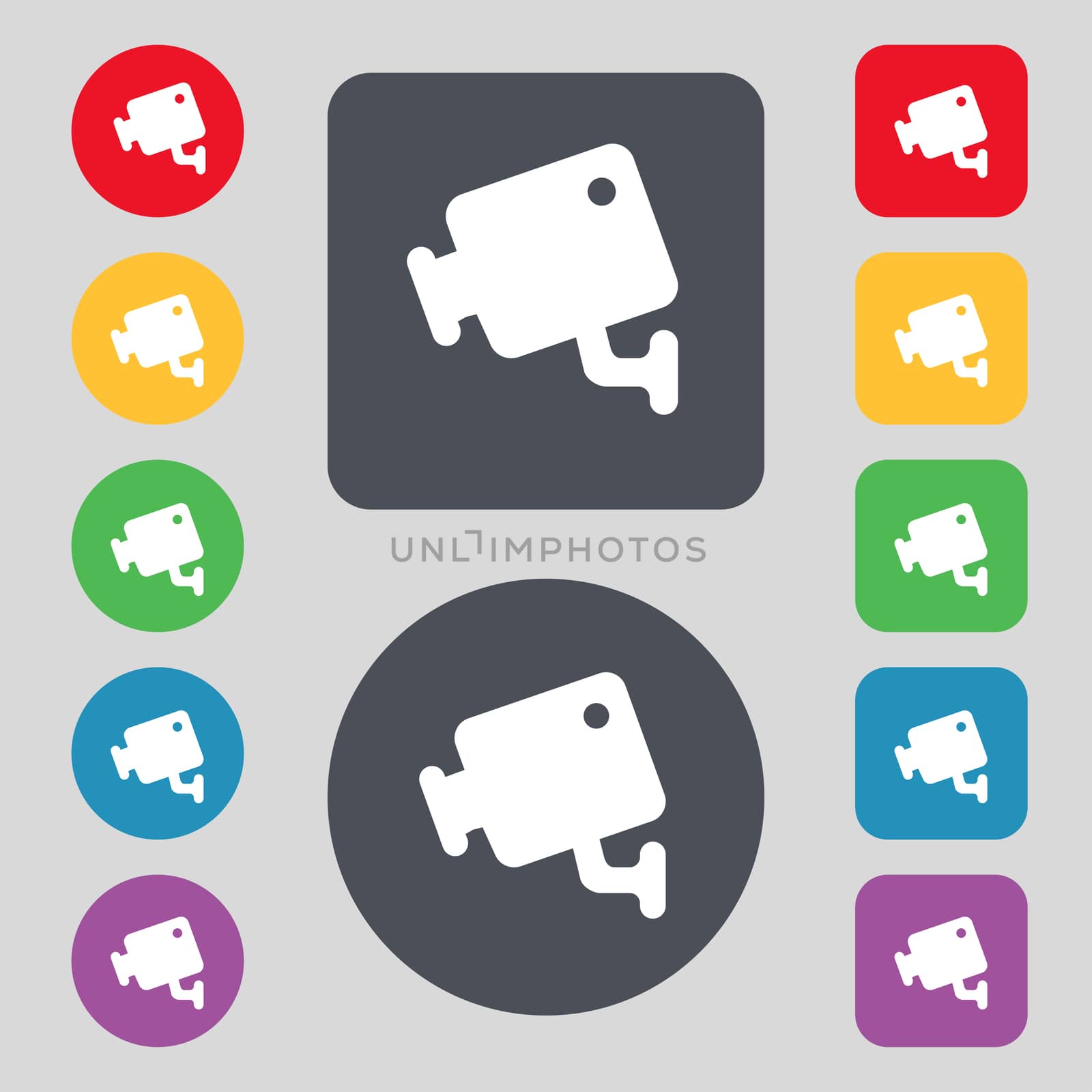 video camera icon sign. A set of 12 colored buttons. Flat design. illustration