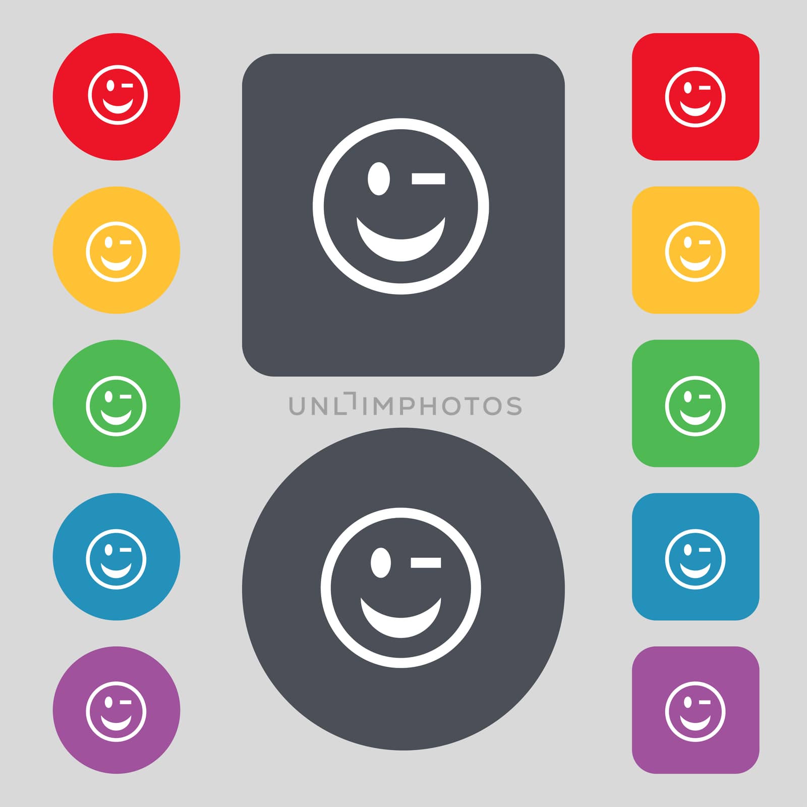 Winking Face icon sign. A set of 12 colored buttons. Flat design. illustration