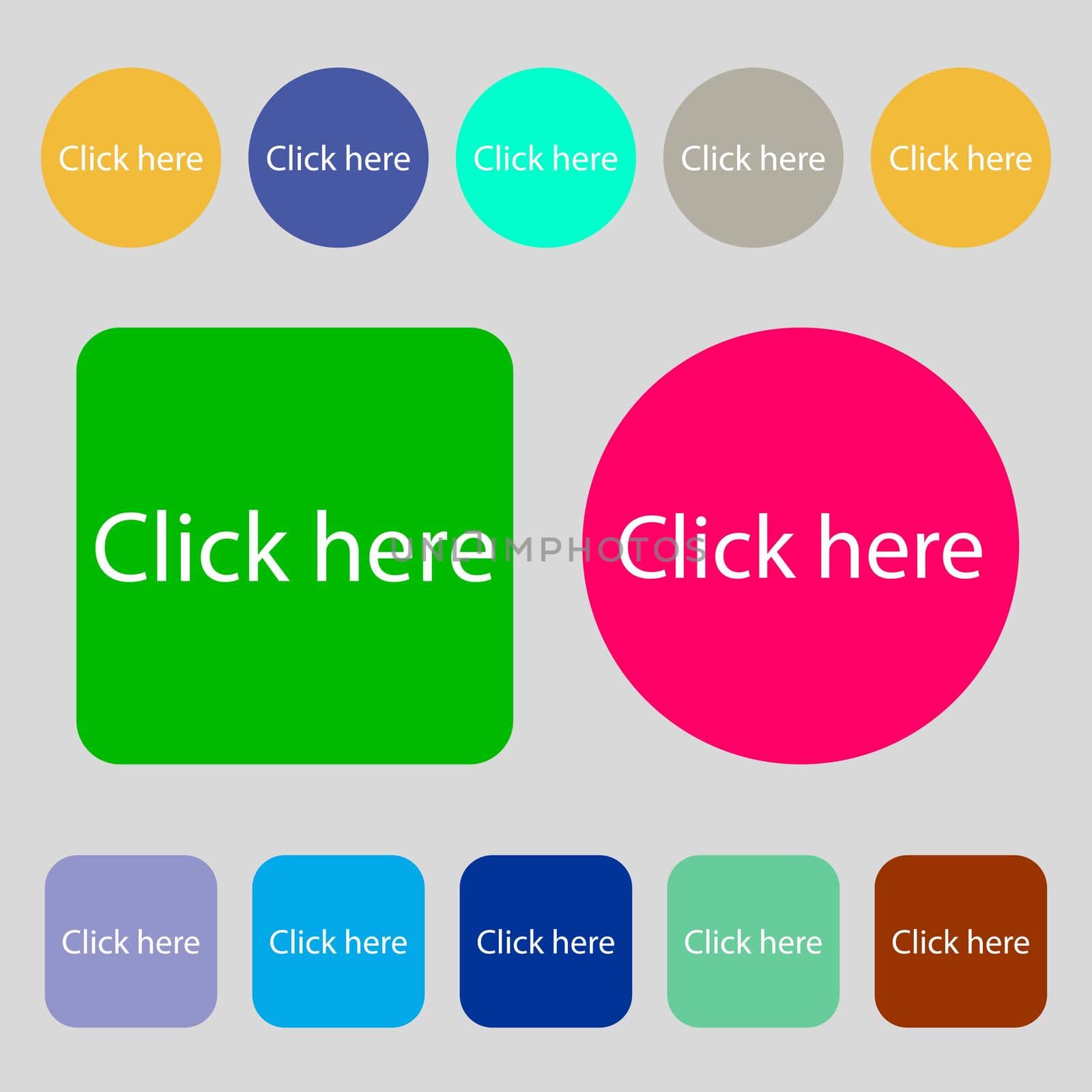 Click here sign icon. Press button. 12 colored buttons. Flat design.  by serhii_lohvyniuk