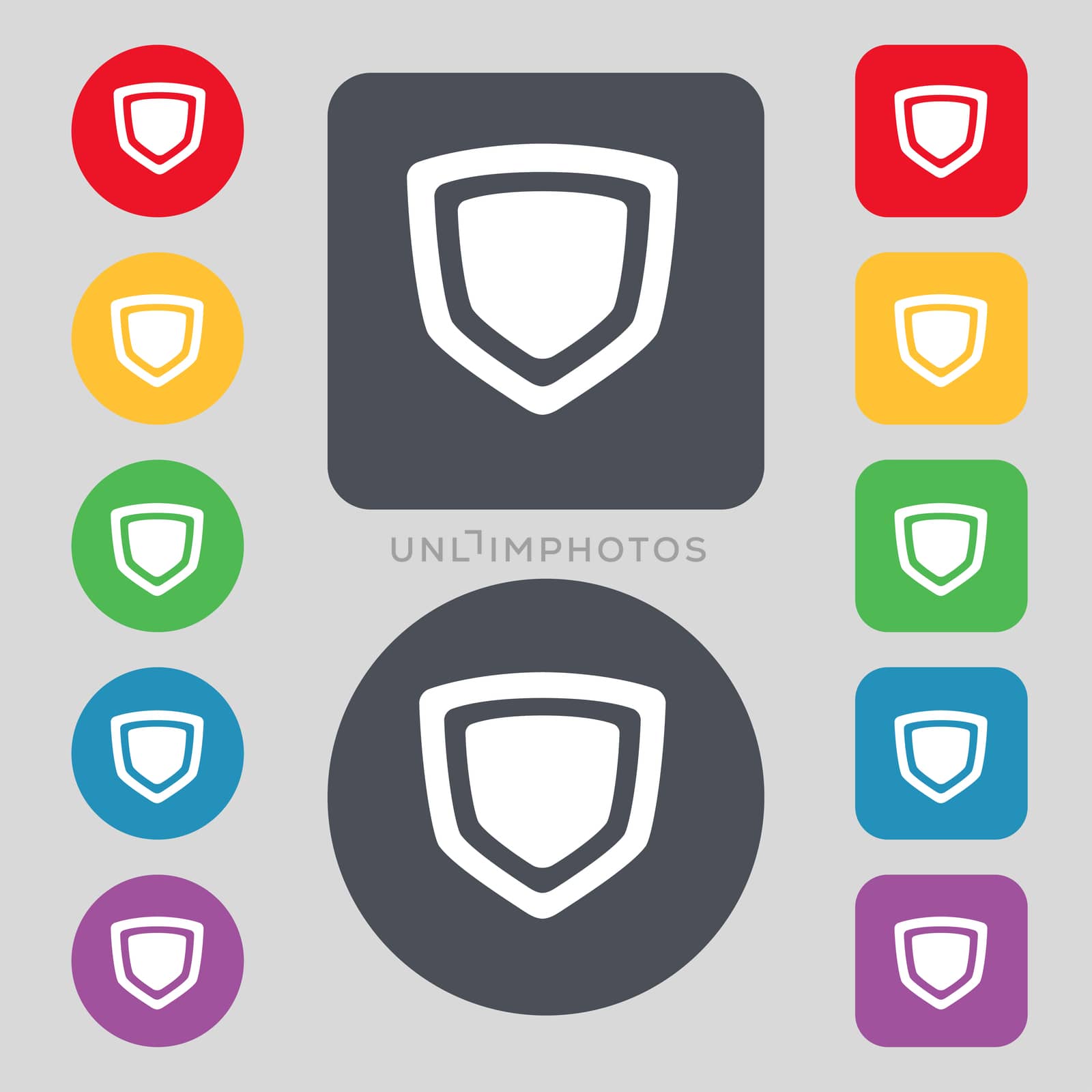 shield icon sign. A set of 12 colored buttons. Flat design.  by serhii_lohvyniuk