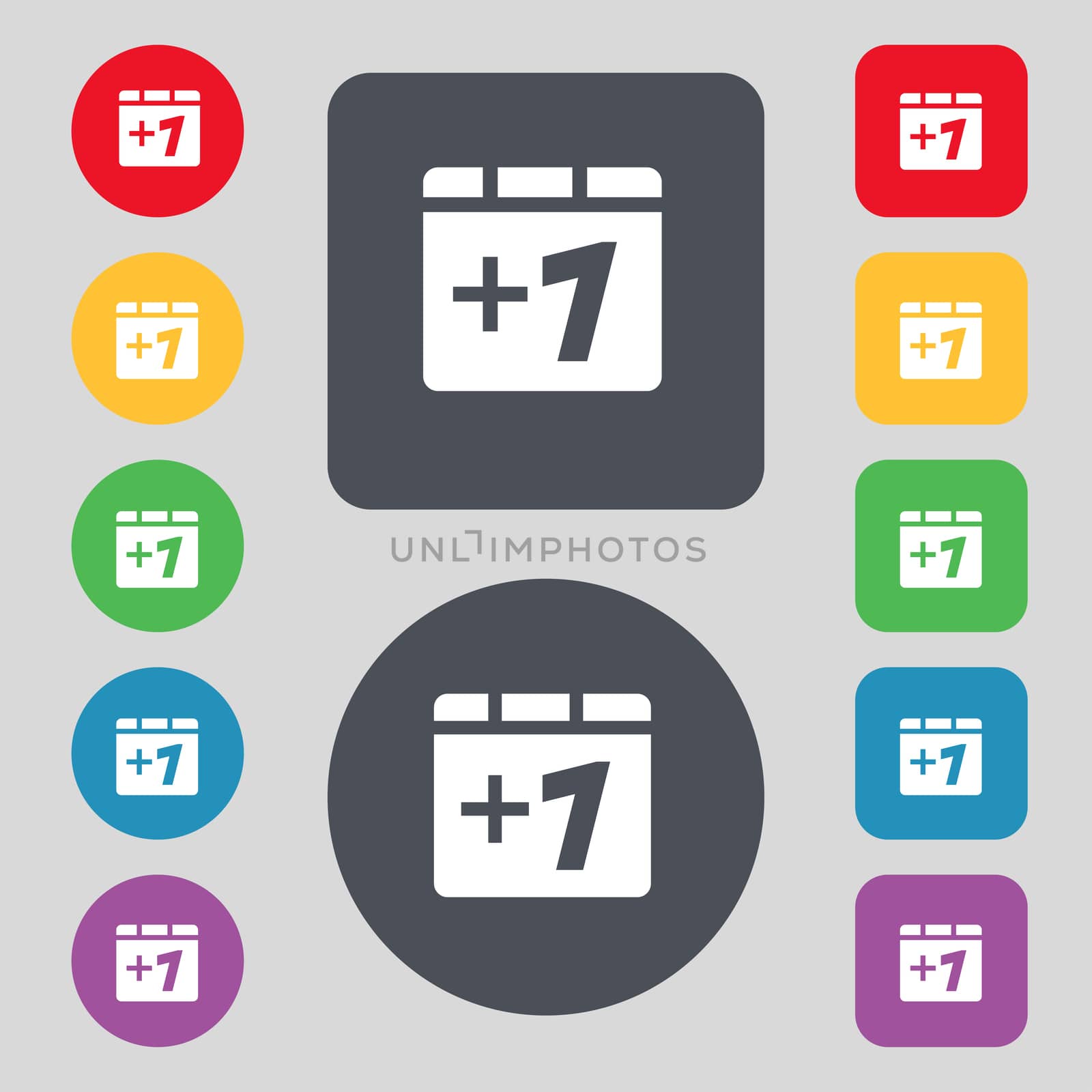 Plus one, Add one icon sign. A set of 12 colored buttons. Flat design. illustration
