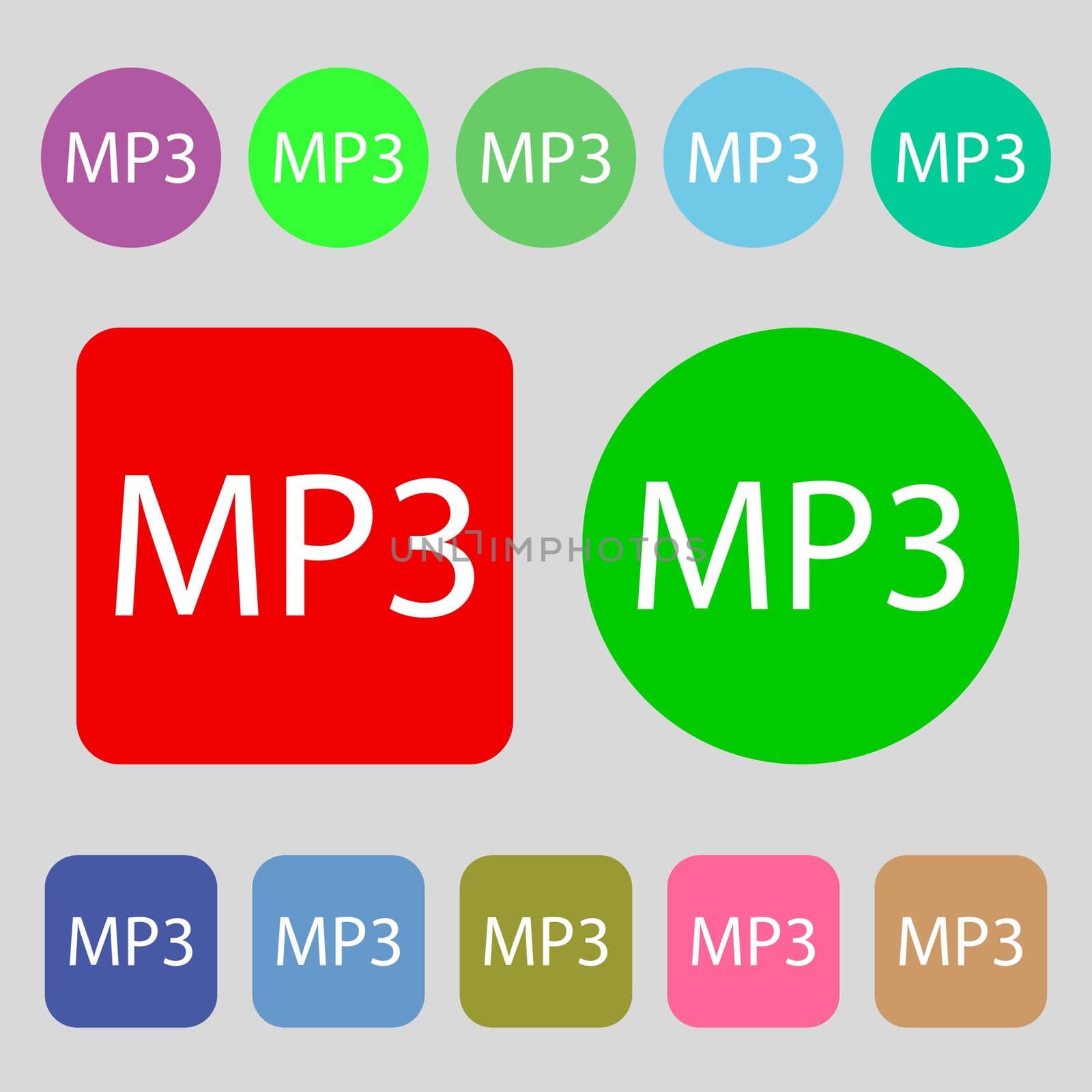 Mp3 music format sign icon. Musical symbol. 12 colored buttons. Flat design.  by serhii_lohvyniuk