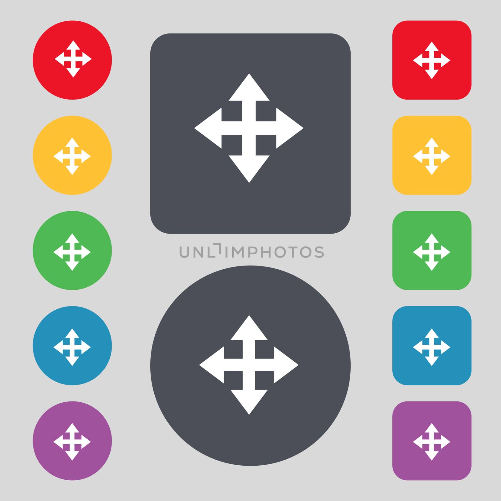 Deploying video, screen size icon sign. A set of 12 colored buttons. Flat design. illustration