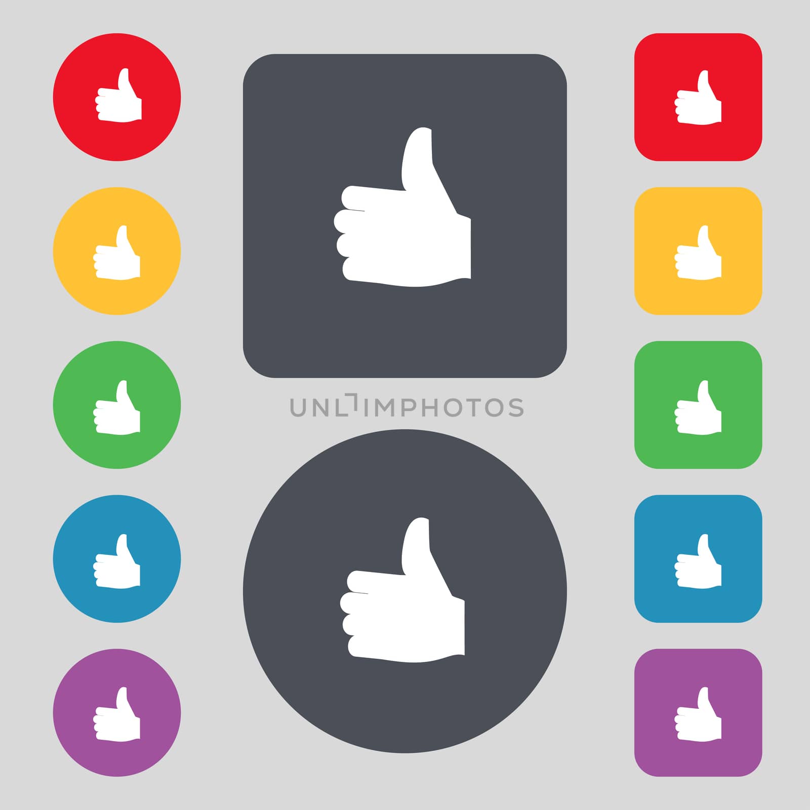 Like, Thumb up icon sign. A set of 12 colored buttons. Flat design. illustration