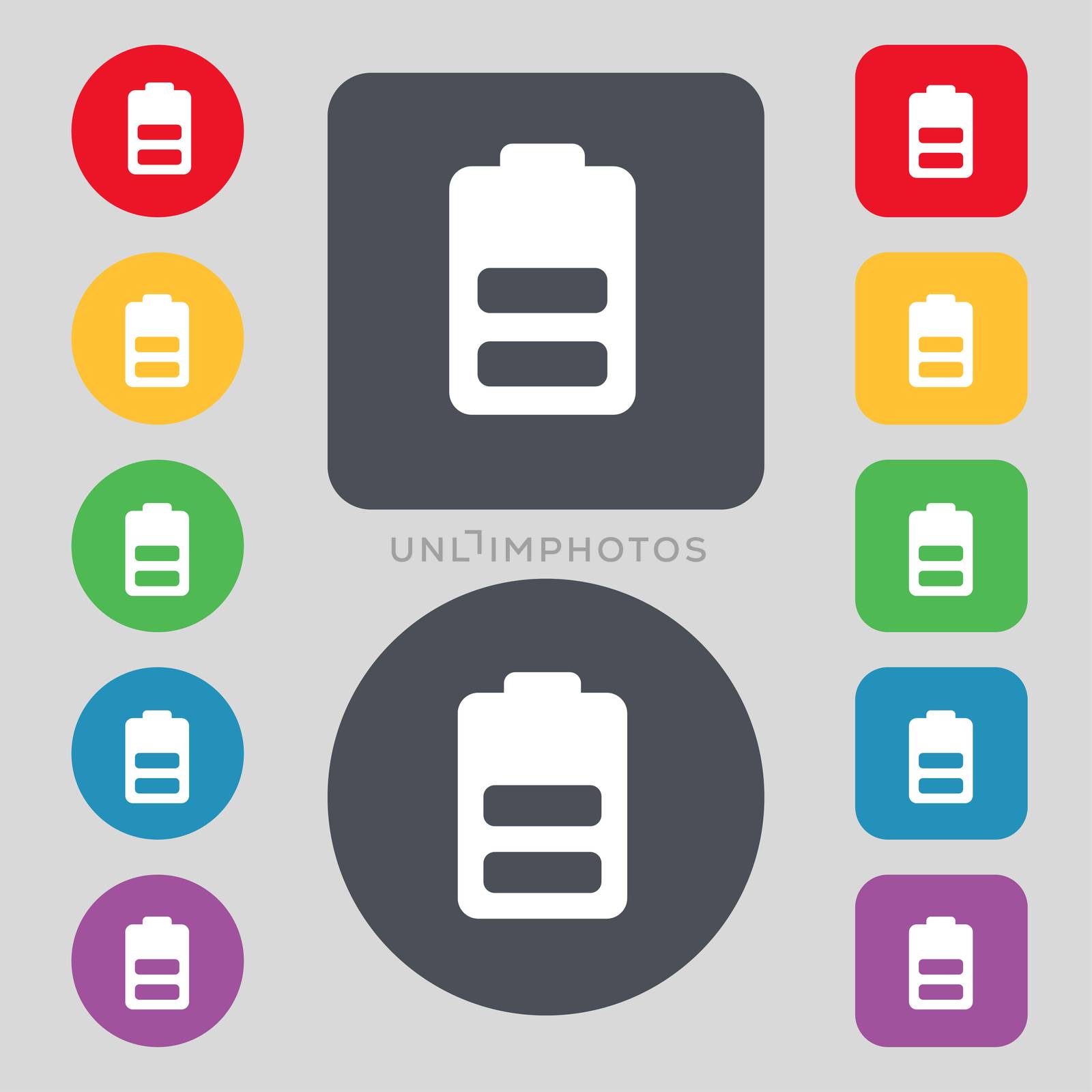 Battery half level, Low electricity icon sign. A set of 12 colored buttons. Flat design.  by serhii_lohvyniuk