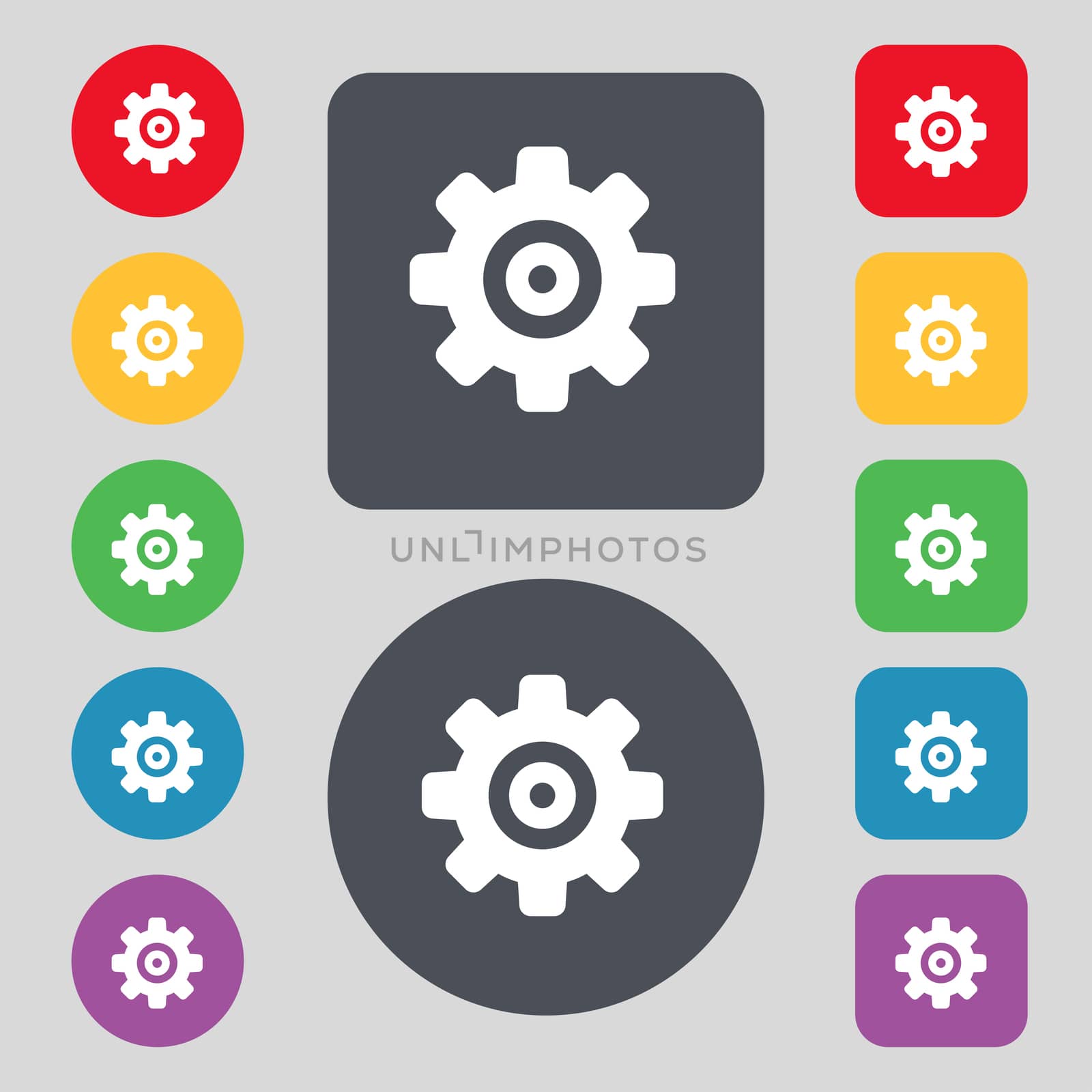 Cog settings, Cogwheel gear mechanism icon sign. A set of 12 colored buttons. Flat design.  by serhii_lohvyniuk