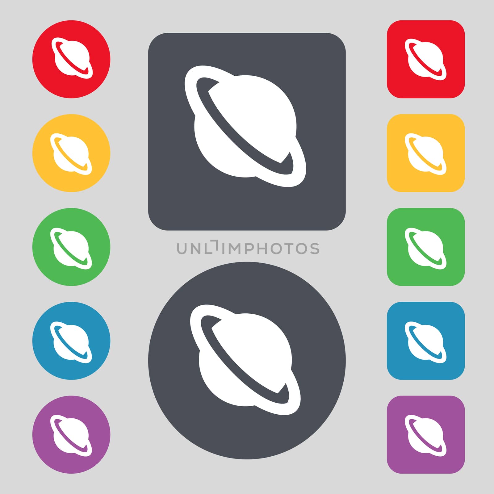 Jupiter planet icon sign. A set of 12 colored buttons. Flat design.  by serhii_lohvyniuk
