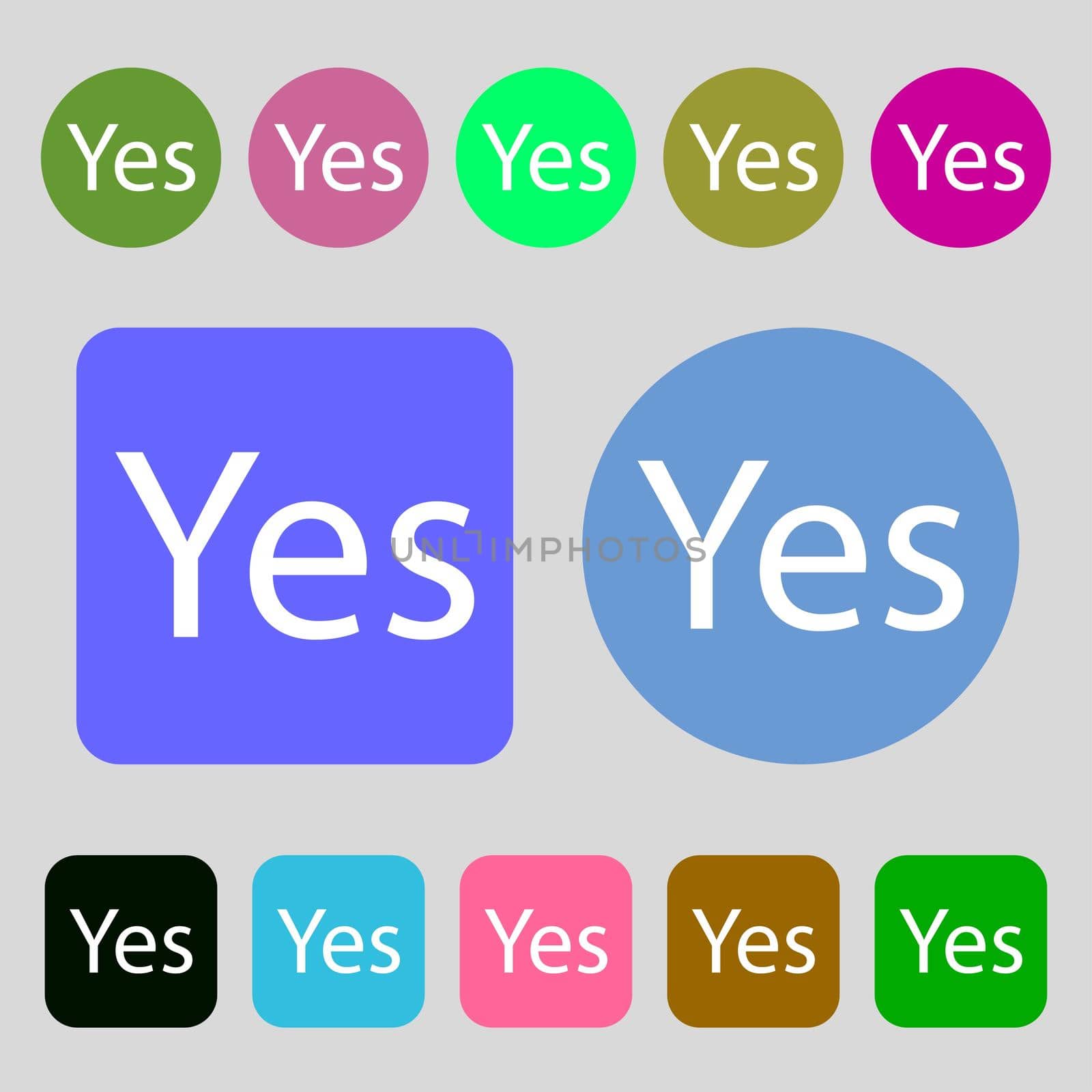 Yes sign icon. Positive check symbol. 12 colored buttons. Flat design.  by serhii_lohvyniuk