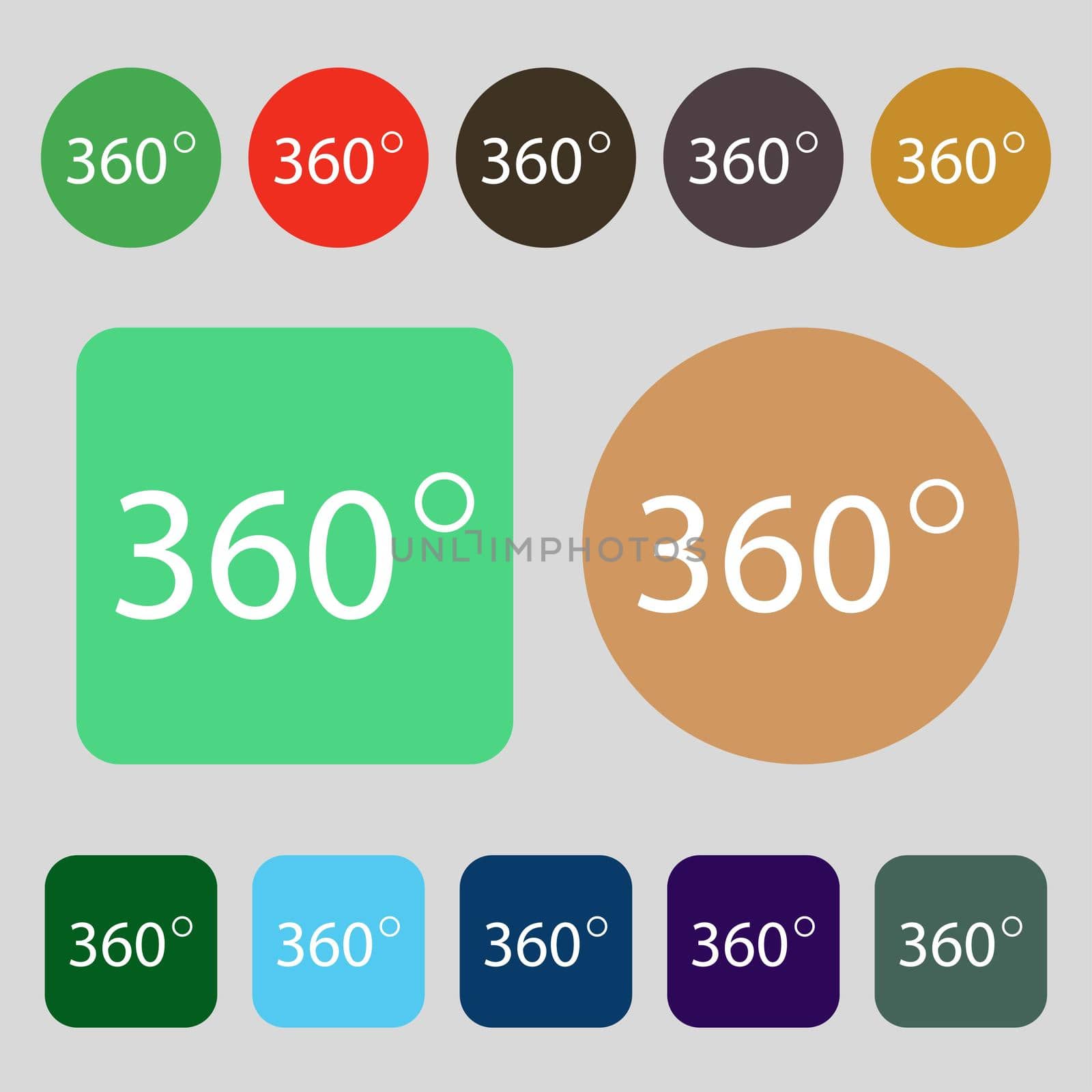 Angle 360 degrees sign icon. Geometry math symbol. Full rotation. 12 colored buttons. Flat design.  by serhii_lohvyniuk