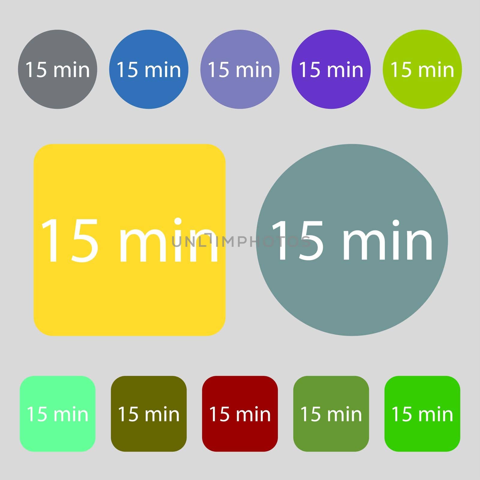 15 minutes sign icon.12 colored buttons. Flat design. illustration