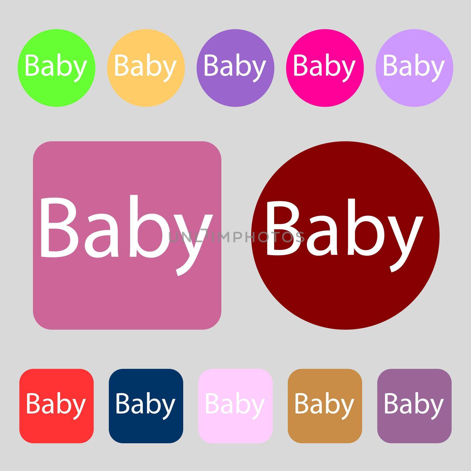 Baby on board sign icon. Infant in car caution symbol. Baby-pacifier nipple. 12 colored buttons. Flat design.  by serhii_lohvyniuk