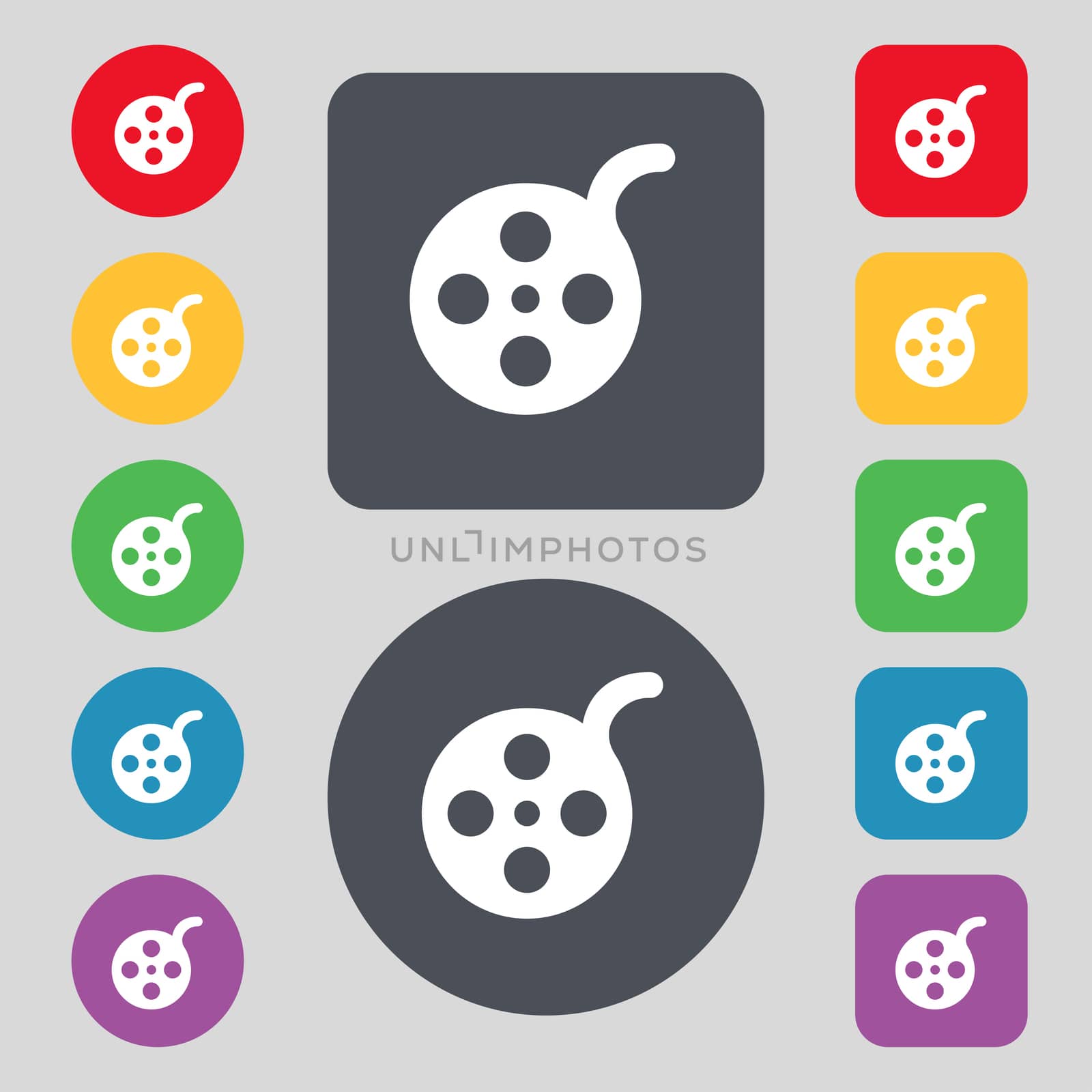 Film icon sign. A set of 12 colored buttons. Flat design. illustration