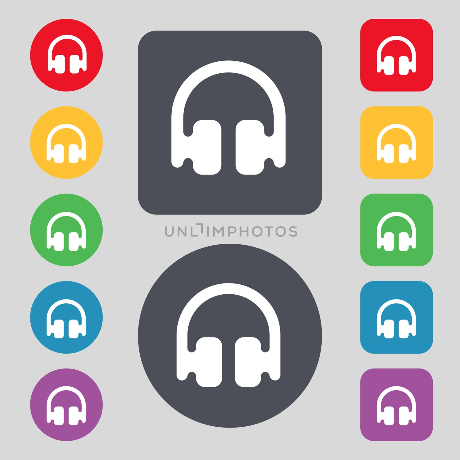 Headphones, Earphones icon sign. A set of 12 colored buttons. Flat design.  by serhii_lohvyniuk