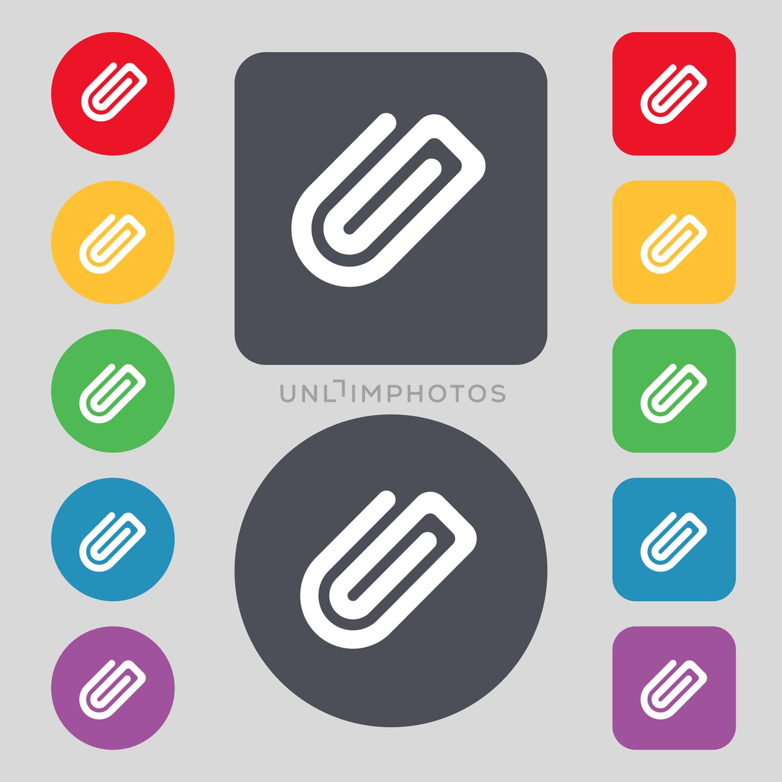 Paper Clip icon sign. A set of 12 colored buttons. Flat design.  by serhii_lohvyniuk