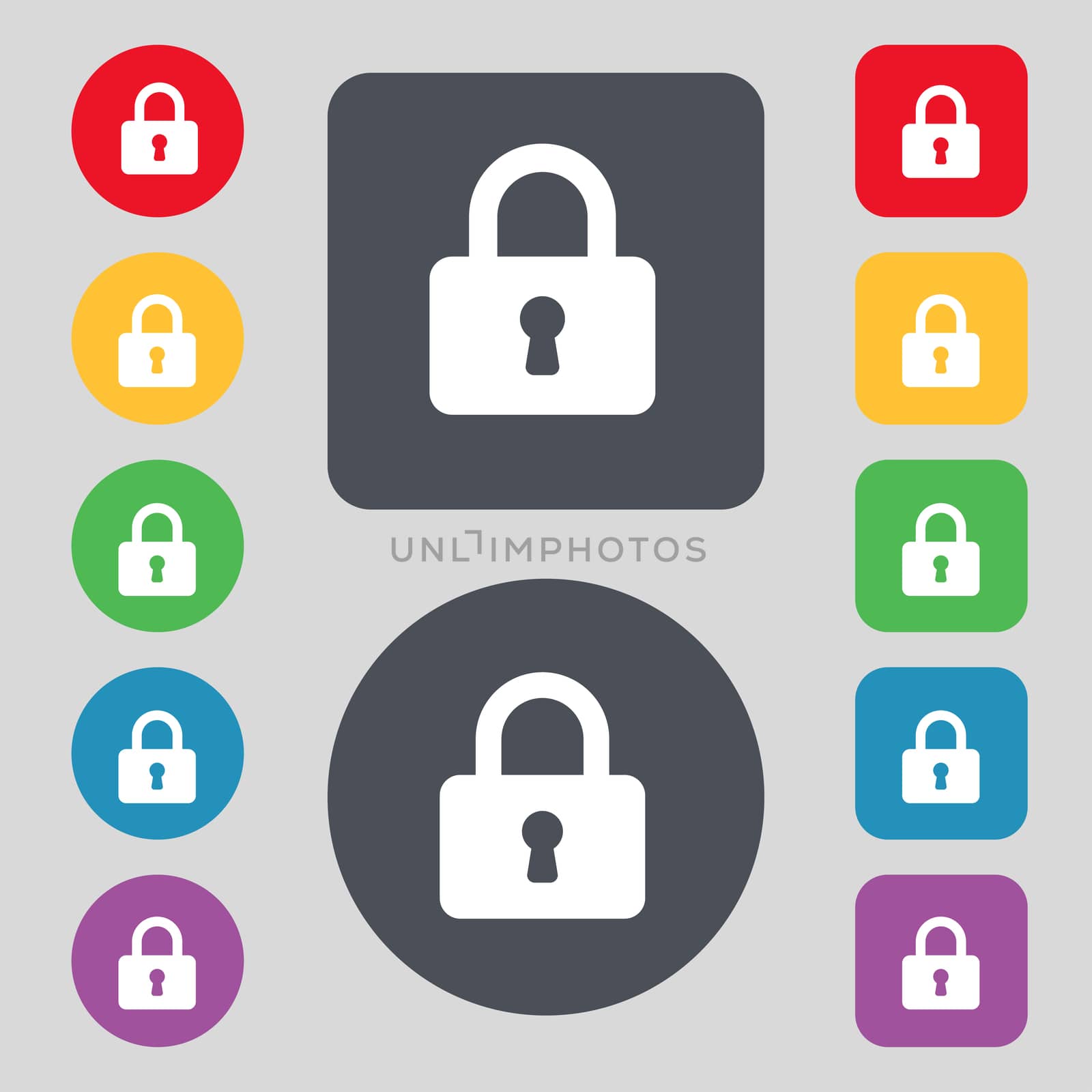 Pad Lock icon sign. A set of 12 colored buttons. Flat design.  by serhii_lohvyniuk