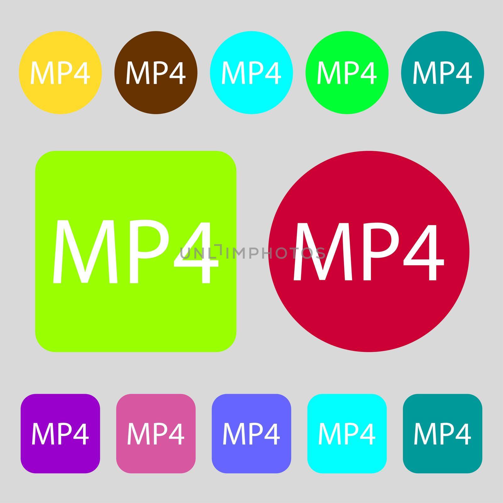 Mpeg4 video format sign icon. symbol.12 colored buttons. Flat design. illustration