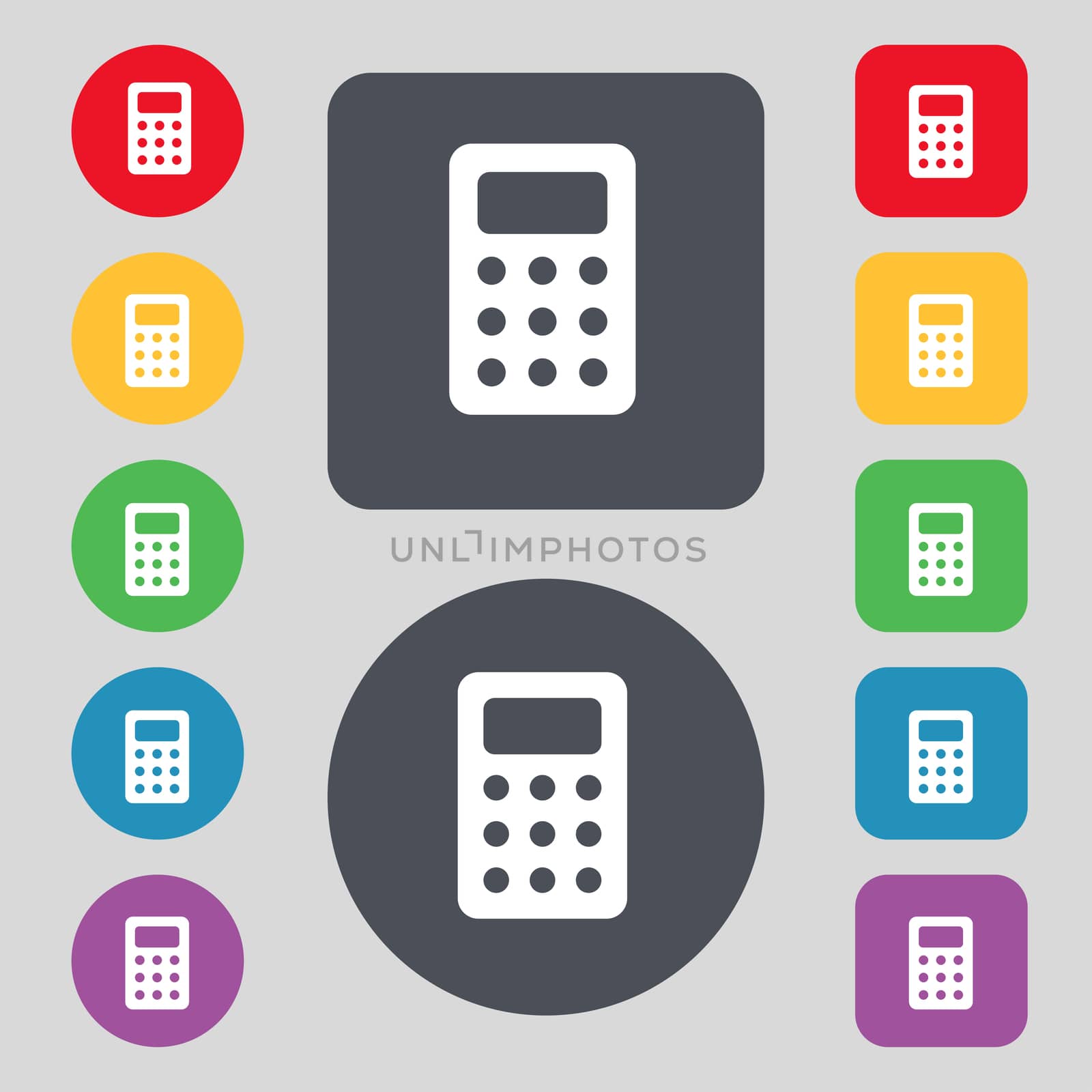 Calculator, Bookkeeping icon sign. A set of 12 colored buttons. Flat design.  by serhii_lohvyniuk