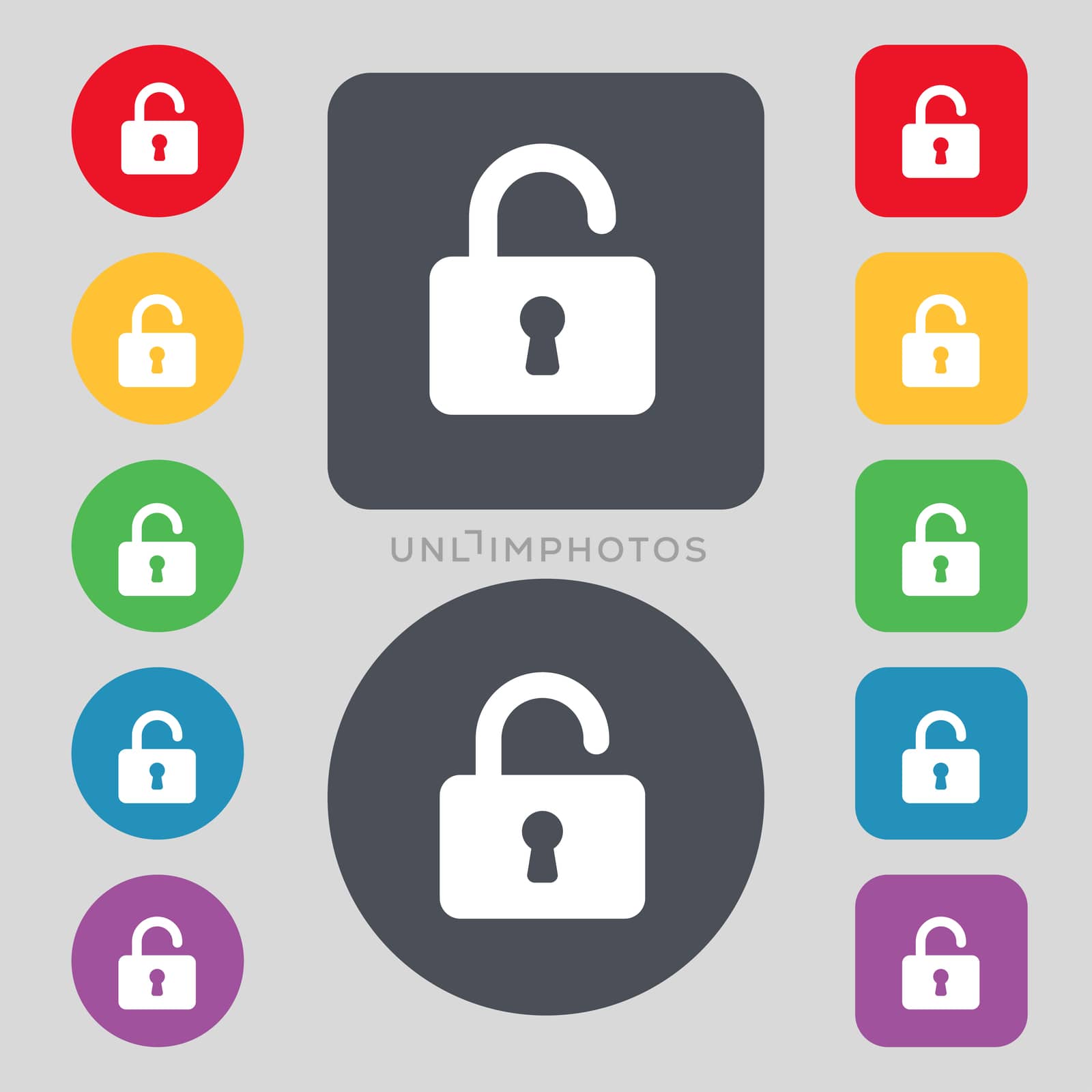 Open Padlock icon sign. A set of 12 colored buttons. Flat design.  by serhii_lohvyniuk