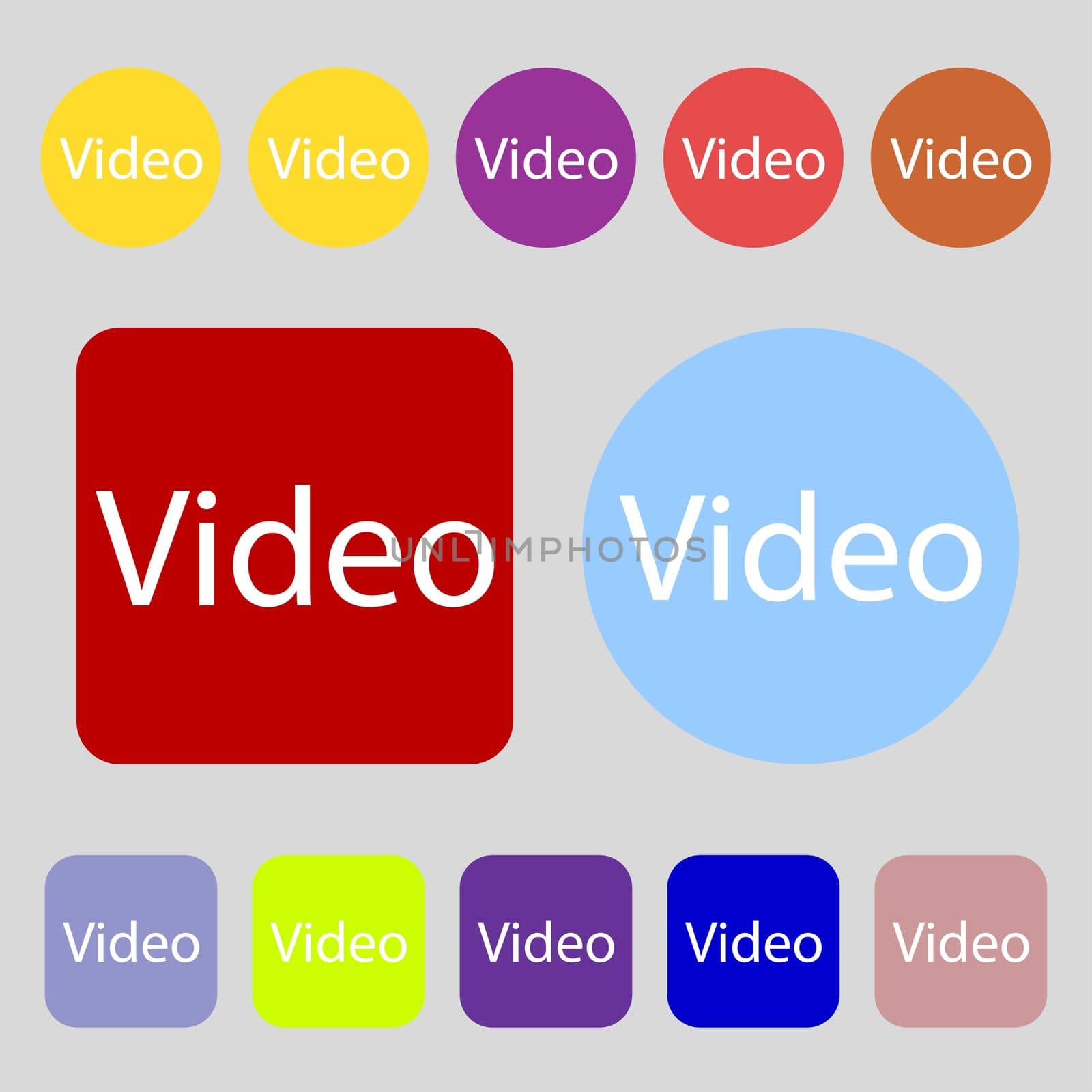 Play video sign icon. Player navigation symbol.12 colored buttons. Flat design. illustration