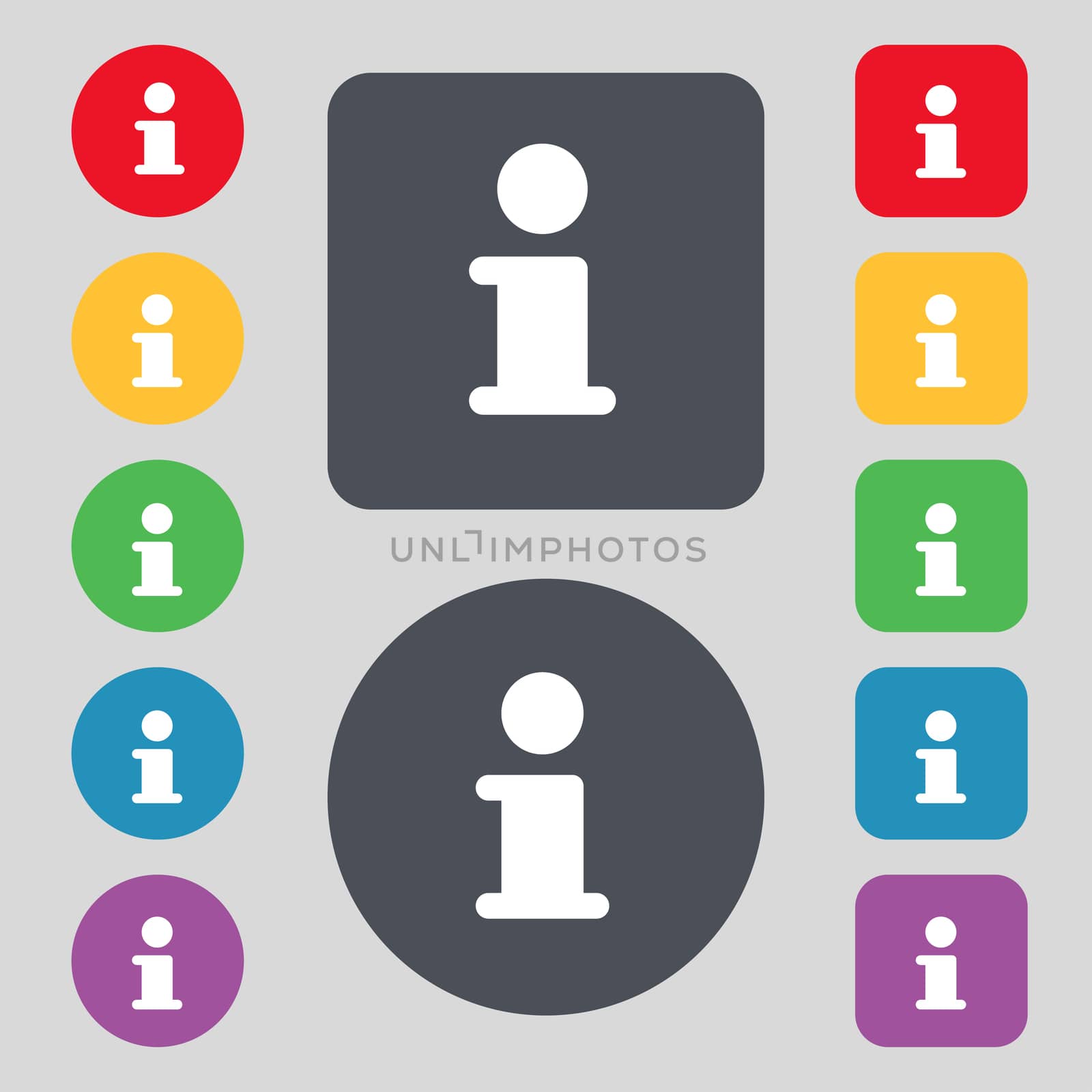 Information, Info icon sign. A set of 12 colored buttons. Flat design. illustration