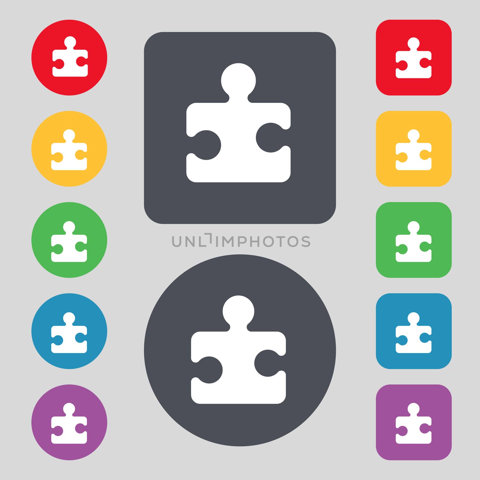 Puzzle piece icon sign. A set of 12 colored buttons. Flat design.  by serhii_lohvyniuk